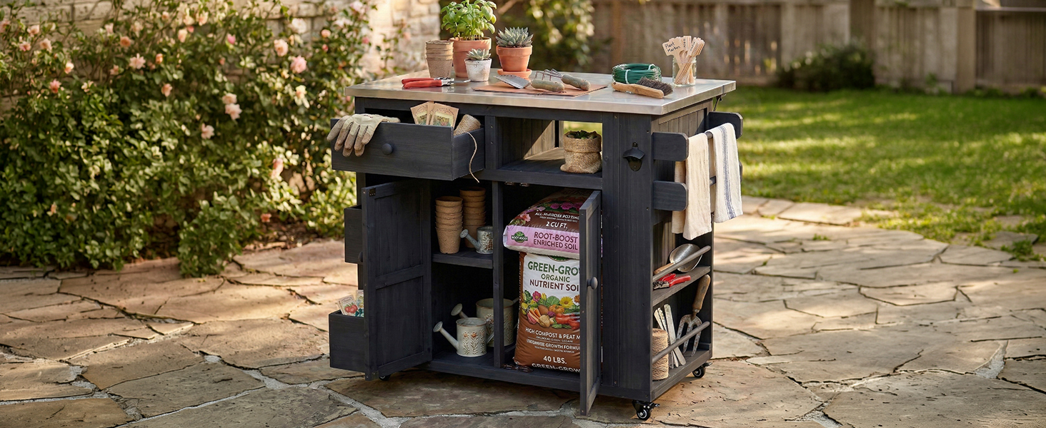 TOPMAX Outdoor Solid Wood Extendable 19.3''/28'' Kitchen Island, Stainless Steel Top Grill Table with Side Spice Rack, Kitchen Cart with Drawers, Storage Cabinet for Backyard, BBQ,Party, Black - Image 2