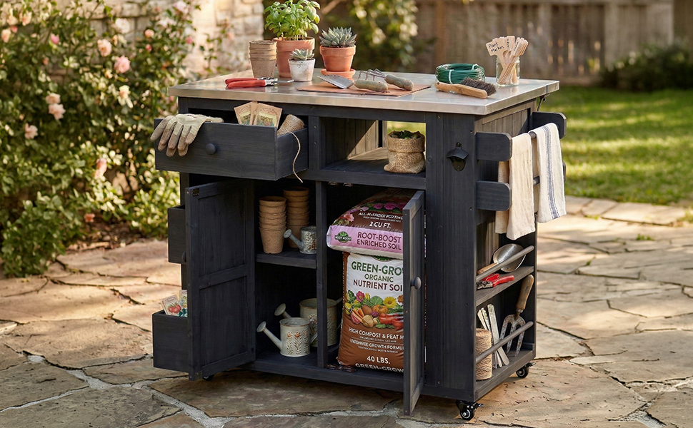 TOPMAX Outdoor Solid Wood Extendable 19.3''/28'' Kitchen Island, Stainless Steel Top Grill Table with Side Spice Rack, Kitchen Cart with Drawers, Storage Cabinet for Backyard, BBQ,Party, Black - Image 3