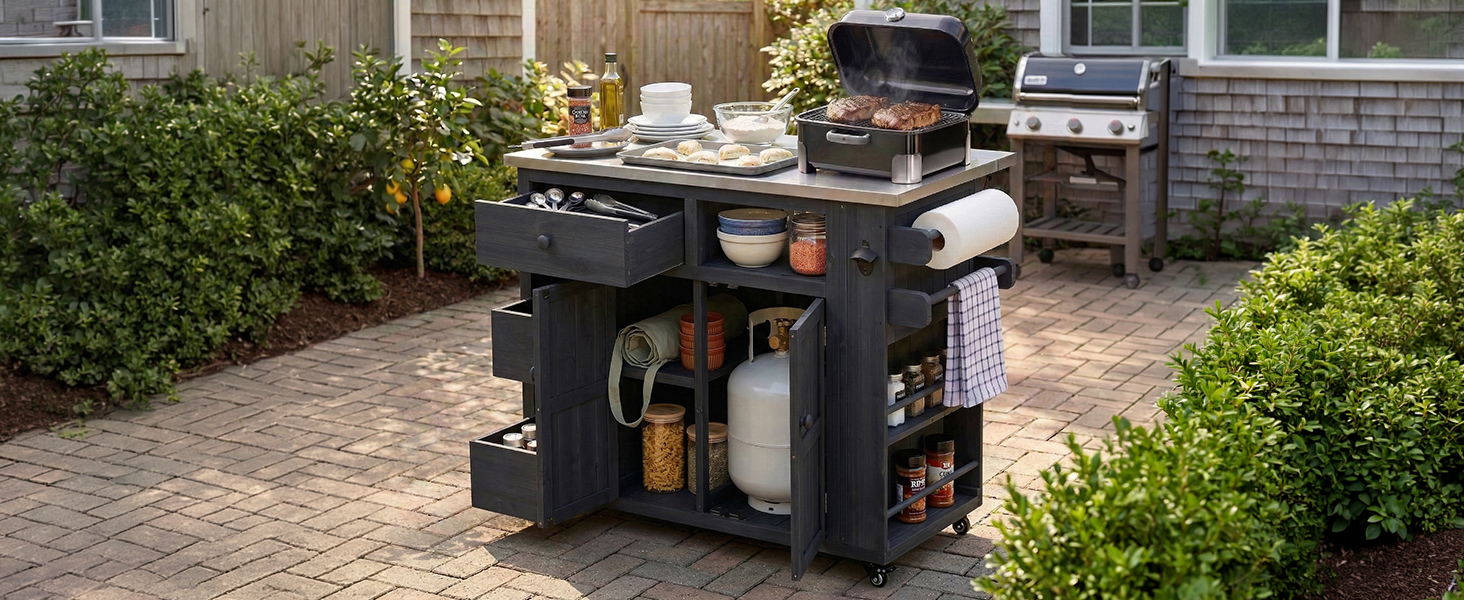 TOPMAX Outdoor Solid Wood Extendable 19.3''/28'' Kitchen Island, Stainless Steel Top Grill Table with Side Spice Rack, Kitchen Cart with Drawers, Storage Cabinet for Backyard, BBQ,Party, Black - Image 4