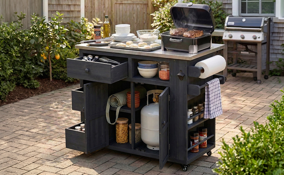 TOPMAX Outdoor Solid Wood Extendable 19.3''/28'' Kitchen Island, Stainless Steel Top Grill Table with Side Spice Rack, Kitchen Cart with Drawers, Storage Cabinet for Backyard, BBQ,Party, Black - Image 5