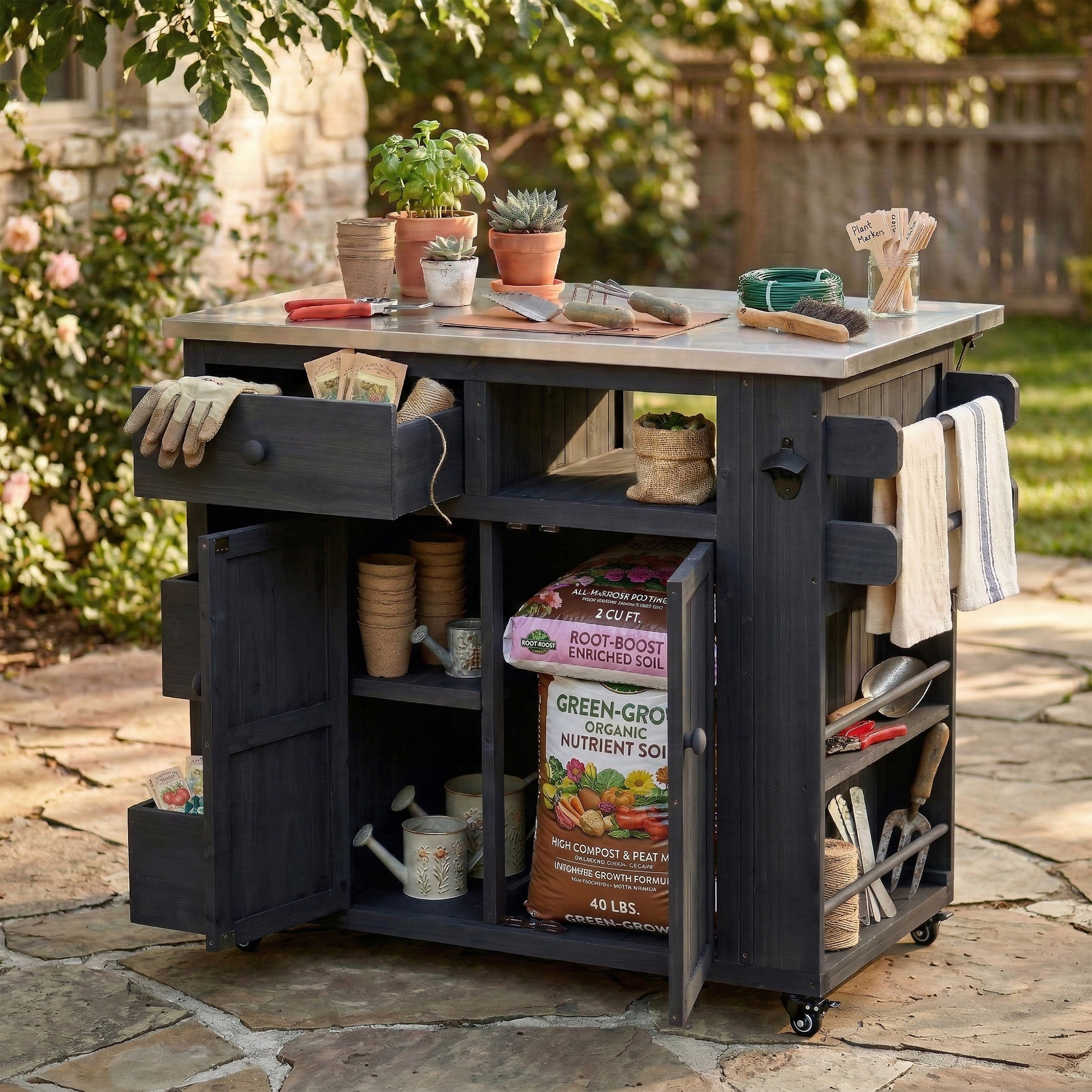 TOPMAX Outdoor Solid Wood Extendable 19.3''/28'' Kitchen Island, Stainless Steel Top Grill Table with Side Spice Rack, Kitchen Cart with Drawers, Storage Cabinet for Backyard, BBQ,Party, Black - Image 6