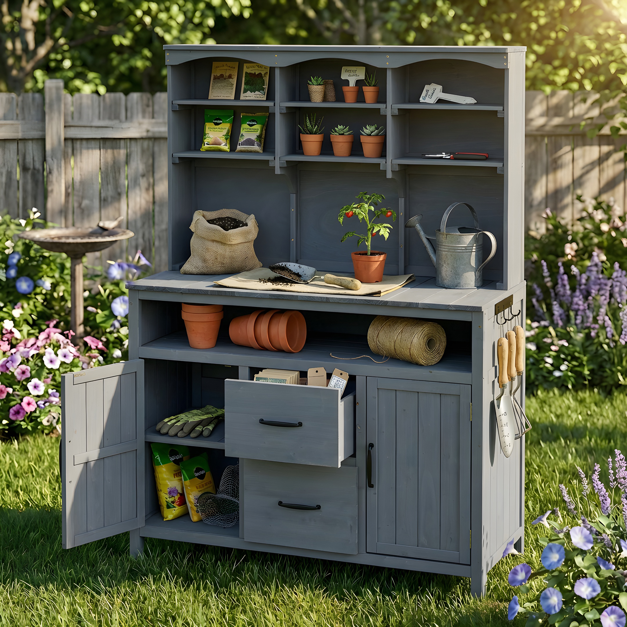 (With Assembly Video)TOPMAX Large Fir Wood Potting Bench, 45.3''L Multi-Functional Outdoor Patio Kitchen Island with Hutch, Cabinets, Drawers & Hooks , Large Countertop for Gardening, Grill, Gray - Image 2