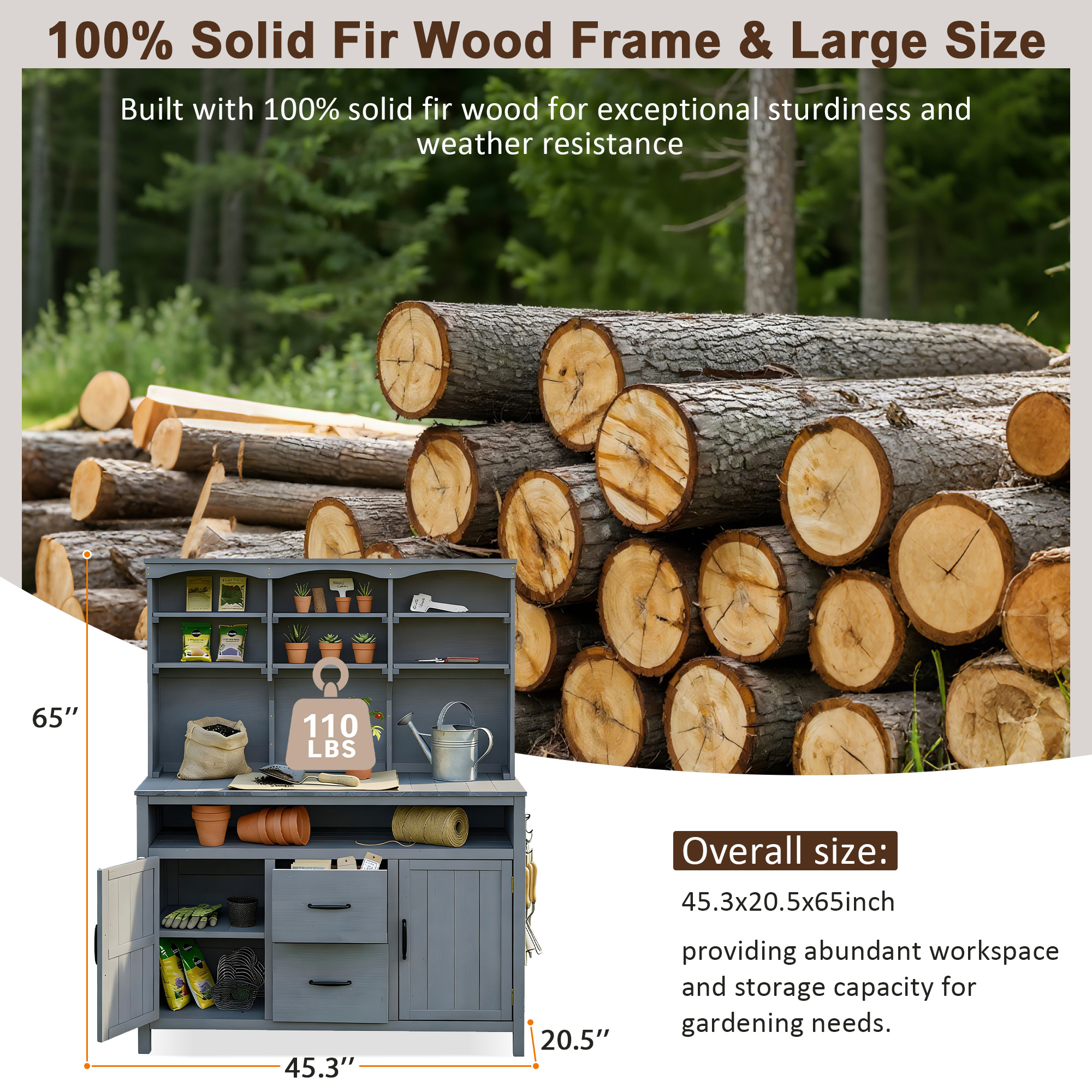 (With Assembly Video)TOPMAX Large Fir Wood Potting Bench, 45.3''L Multi-Functional Outdoor Patio Kitchen Island with Hutch, Cabinets, Drawers & Hooks , Large Countertop for Gardening, Grill, Gray - Image 4
