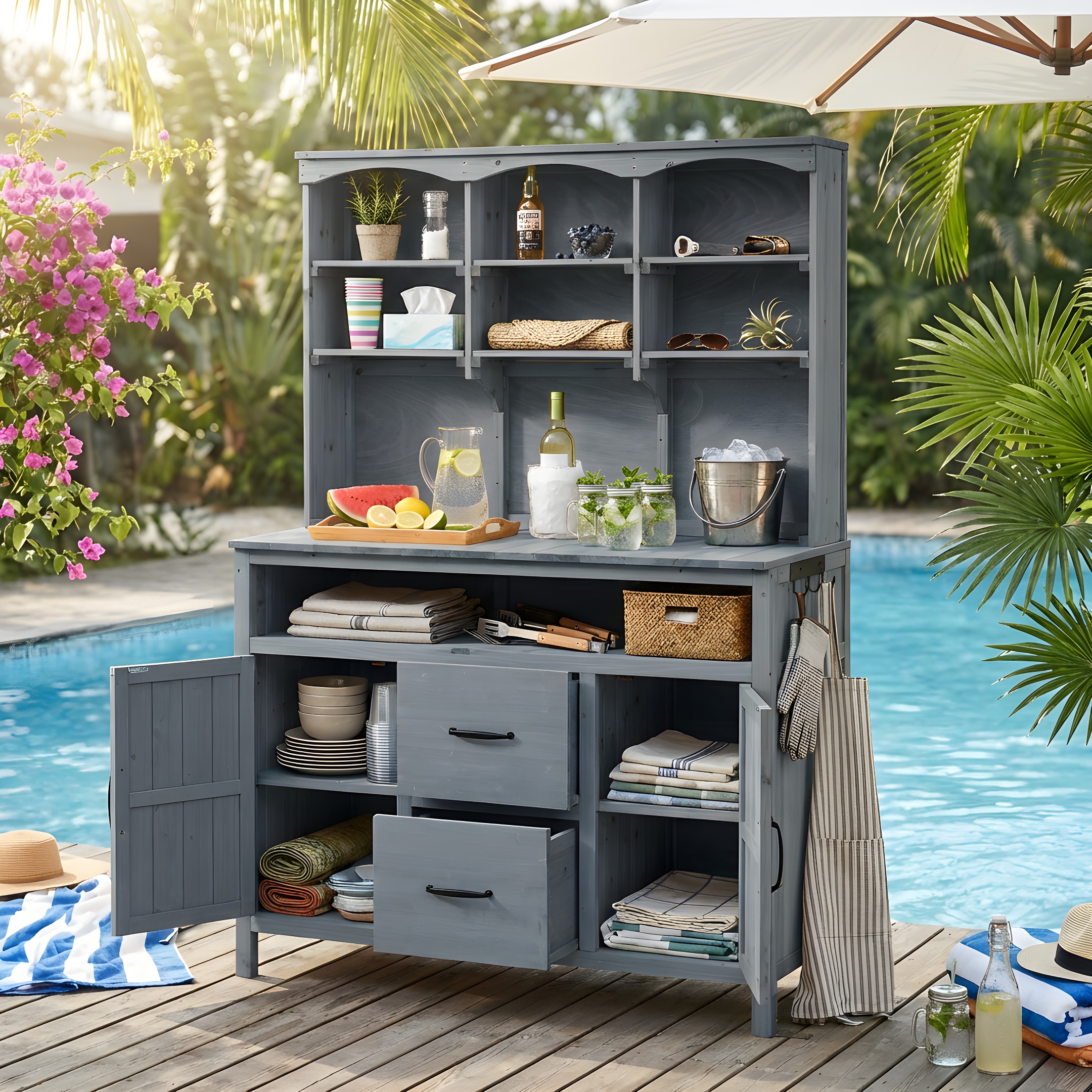 (With Assembly Video)TOPMAX Large Fir Wood Potting Bench, 45.3''L Multi-Functional Outdoor Patio Kitchen Island with Hutch, Cabinets, Drawers & Hooks , Large Countertop for Gardening, Grill, Gray - Image 3