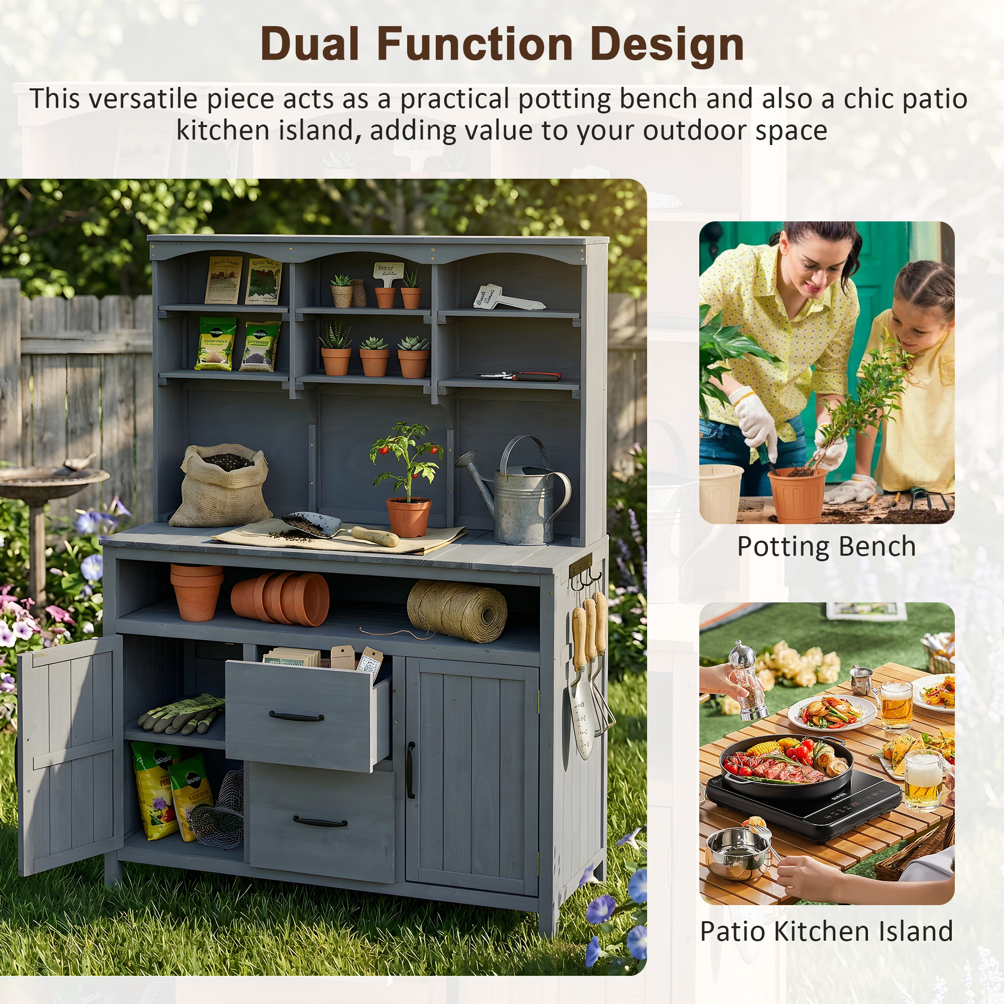 (With Assembly Video)TOPMAX Large Fir Wood Potting Bench, 45.3''L Multi-Functional Outdoor Patio Kitchen Island with Hutch, Cabinets, Drawers & Hooks , Large Countertop for Gardening, Grill, Gray - Image 5