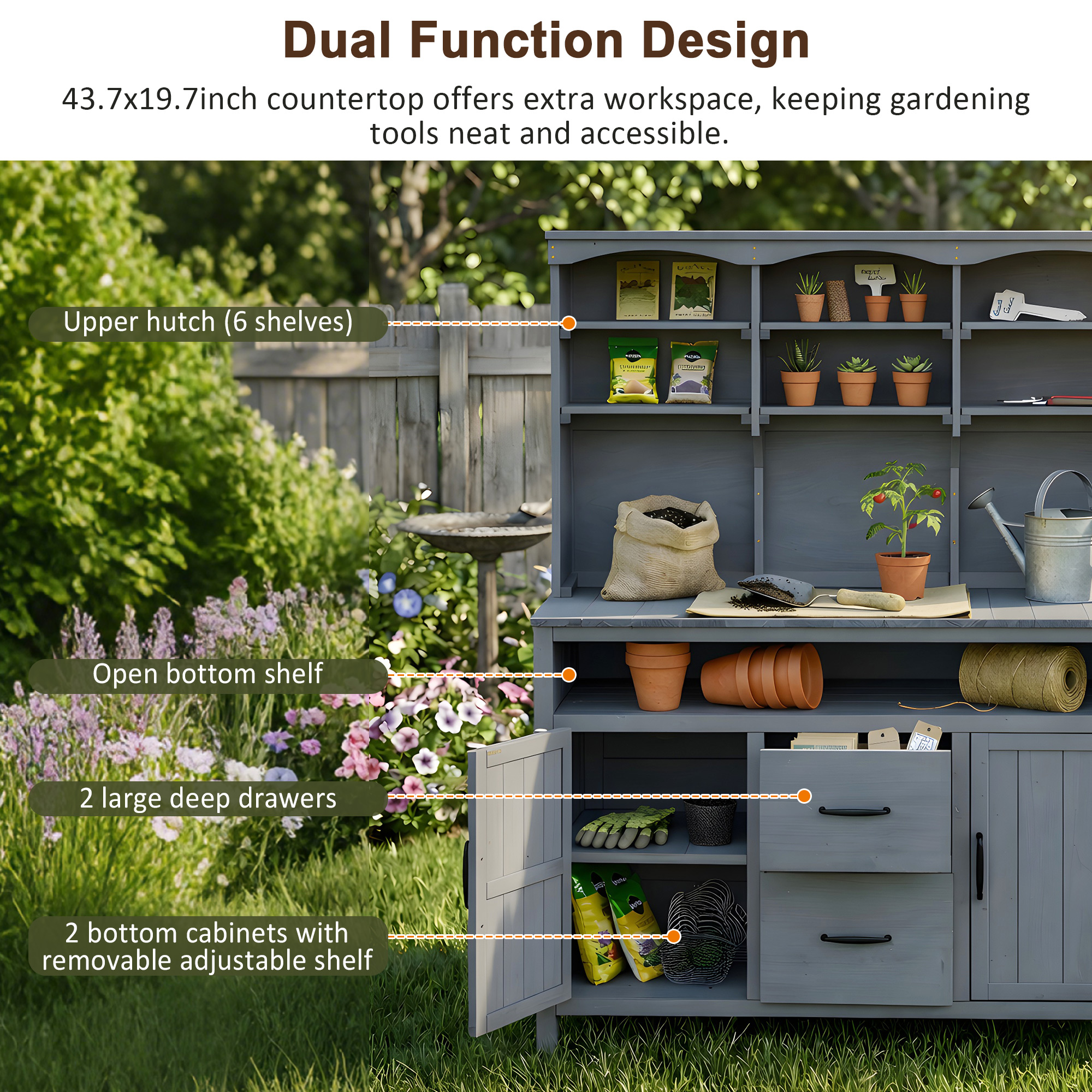 (With Assembly Video)TOPMAX Large Fir Wood Potting Bench, 45.3''L Multi-Functional Outdoor Patio Kitchen Island with Hutch, Cabinets, Drawers & Hooks , Large Countertop for Gardening, Grill, Gray - Image 6
