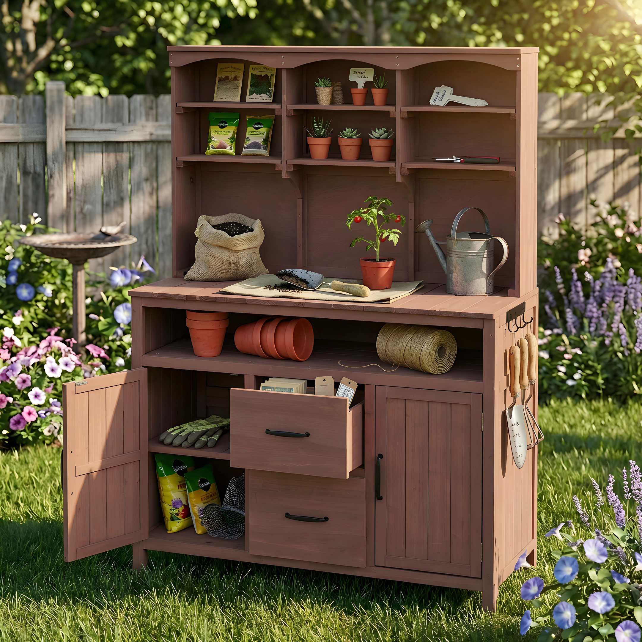 (With Assembly Video)TOPMAX Large Fir Wood Potting Bench, 45.3''L Multi-Functional Outdoor Patio Kitchen Island with Hutch, Cabinets, Drawers & Hooks , Large Countertop for Gardening, Grill, Brown - Image 2