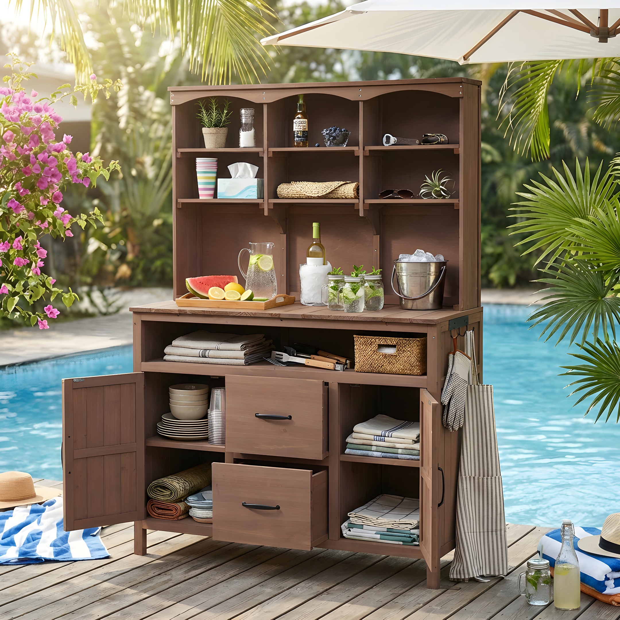 (With Assembly Video)TOPMAX Large Fir Wood Potting Bench, 45.3''L Multi-Functional Outdoor Patio Kitchen Island with Hutch, Cabinets, Drawers & Hooks , Large Countertop for Gardening, Grill, Brown - Image 3