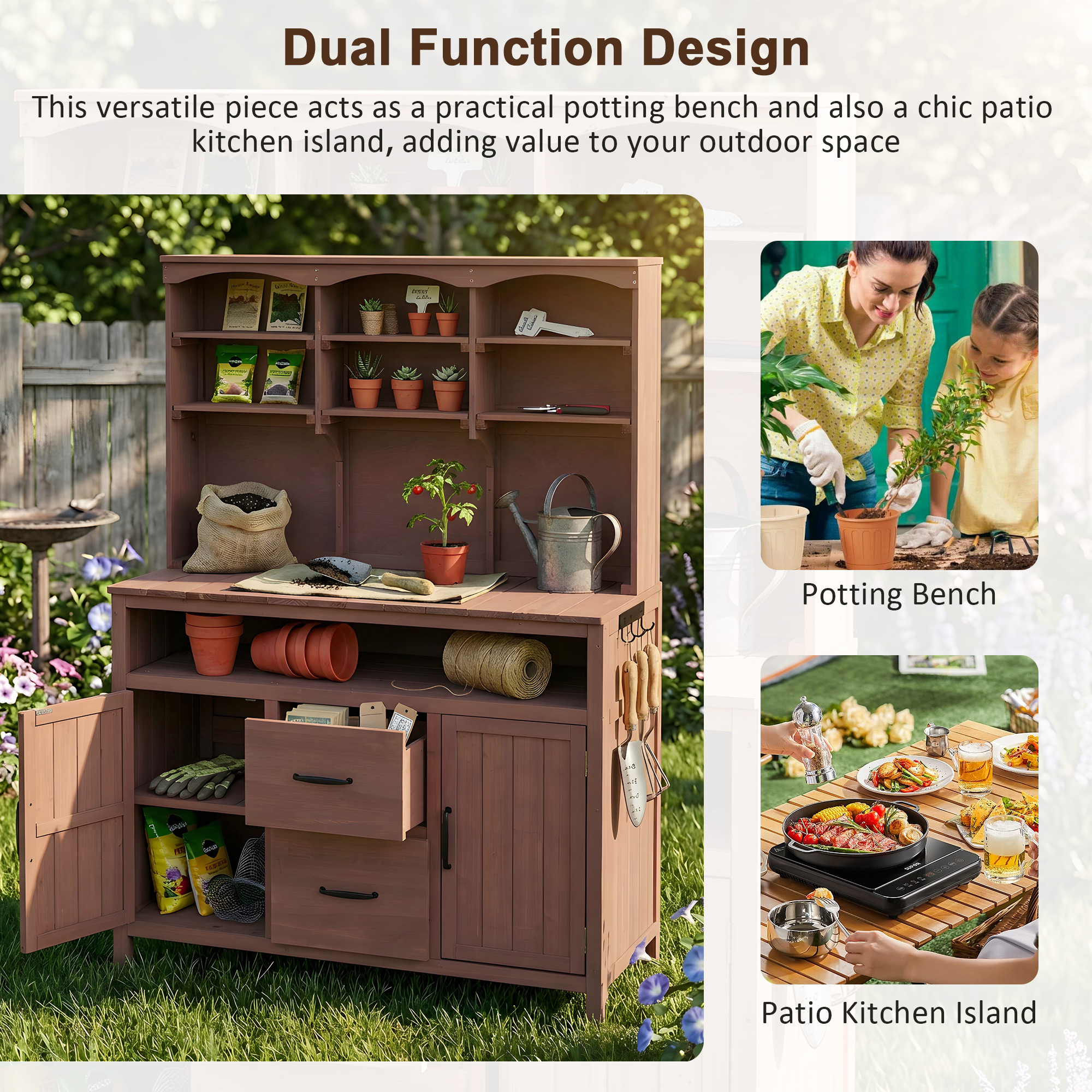 (With Assembly Video)TOPMAX Large Fir Wood Potting Bench, 45.3''L Multi-Functional Outdoor Patio Kitchen Island with Hutch, Cabinets, Drawers & Hooks , Large Countertop for Gardening, Grill, Brown - Image 4