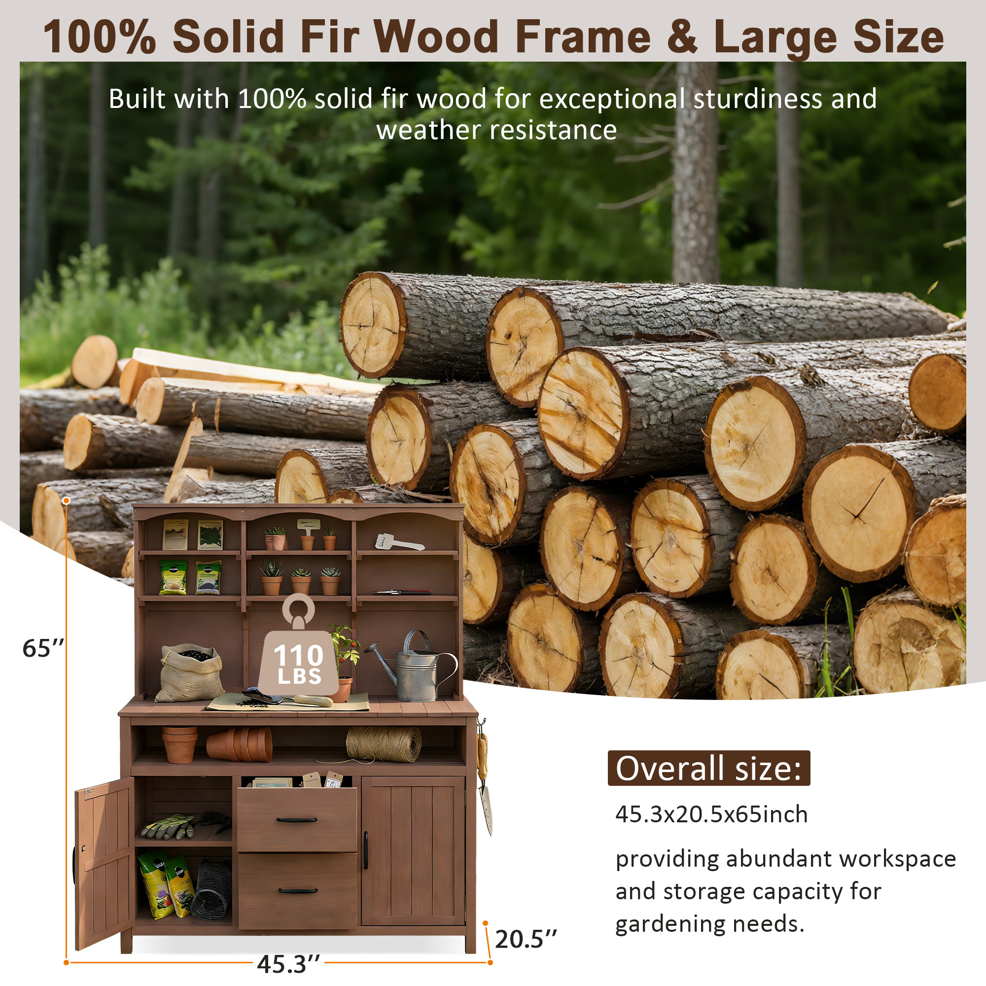 (With Assembly Video)TOPMAX Large Fir Wood Potting Bench, 45.3''L Multi-Functional Outdoor Patio Kitchen Island with Hutch, Cabinets, Drawers & Hooks , Large Countertop for Gardening, Grill, Brown - Image 5