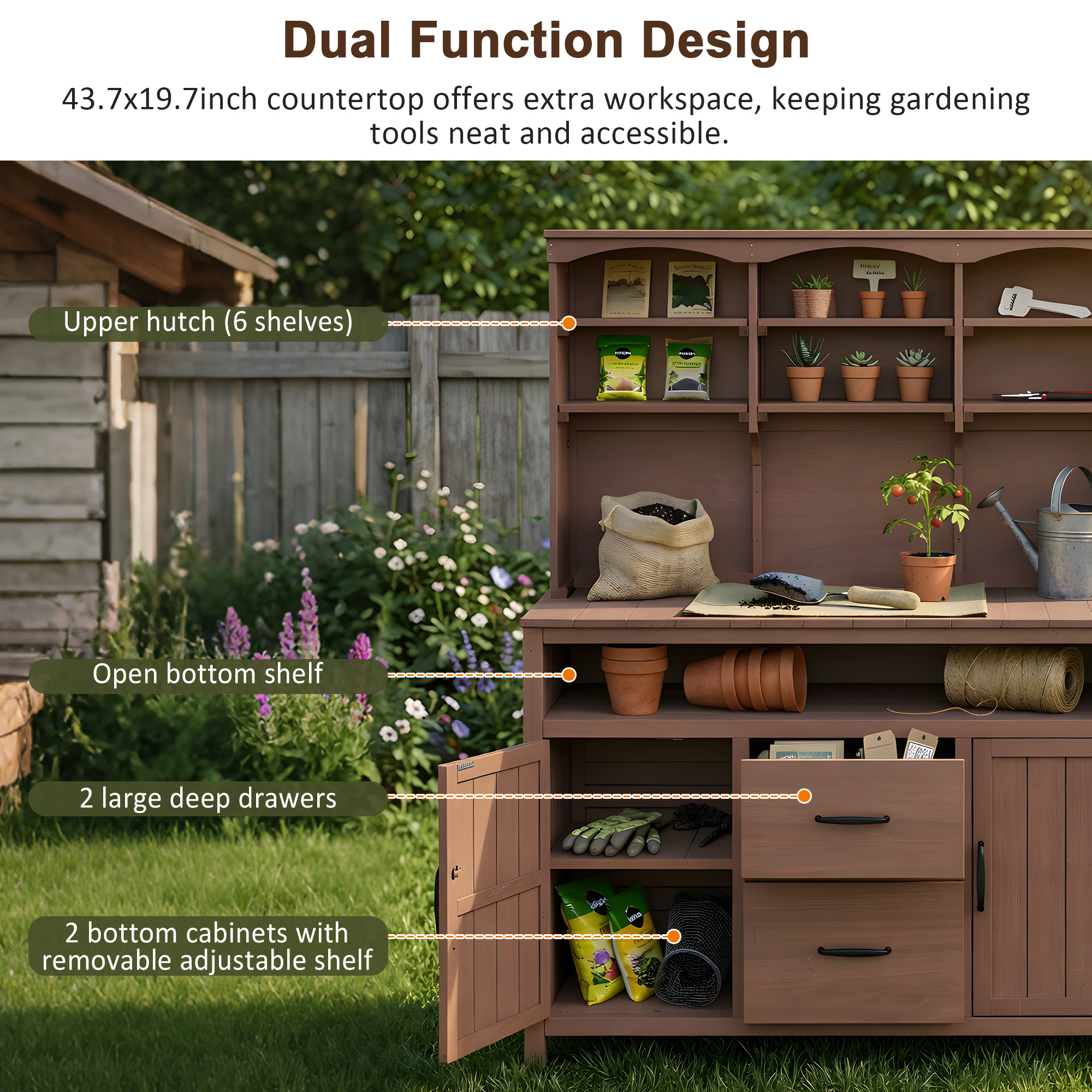 (With Assembly Video)TOPMAX Large Fir Wood Potting Bench, 45.3''L Multi-Functional Outdoor Patio Kitchen Island with Hutch, Cabinets, Drawers & Hooks , Large Countertop for Gardening, Grill, Brown - Image 6