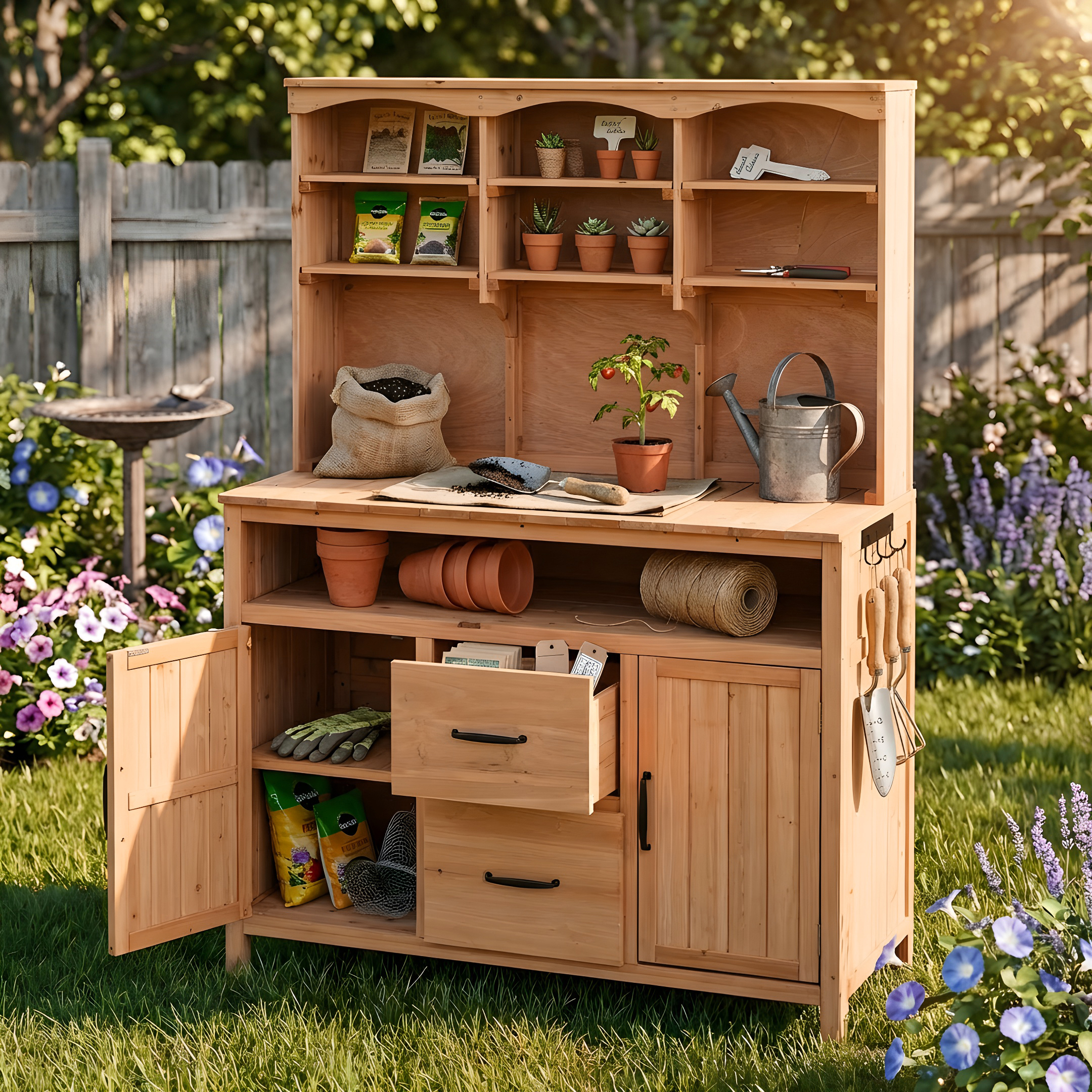 (With Assembly Video)TOPMAX Large Fir Wood Potting Bench,45.3''L Multi-Functional Outdoor Patio Kitchen Island with Hutch, Cabinets,Drawers & Hooks ,Large Countertop for Gardening, Grill, Natural Wood - Image 2
