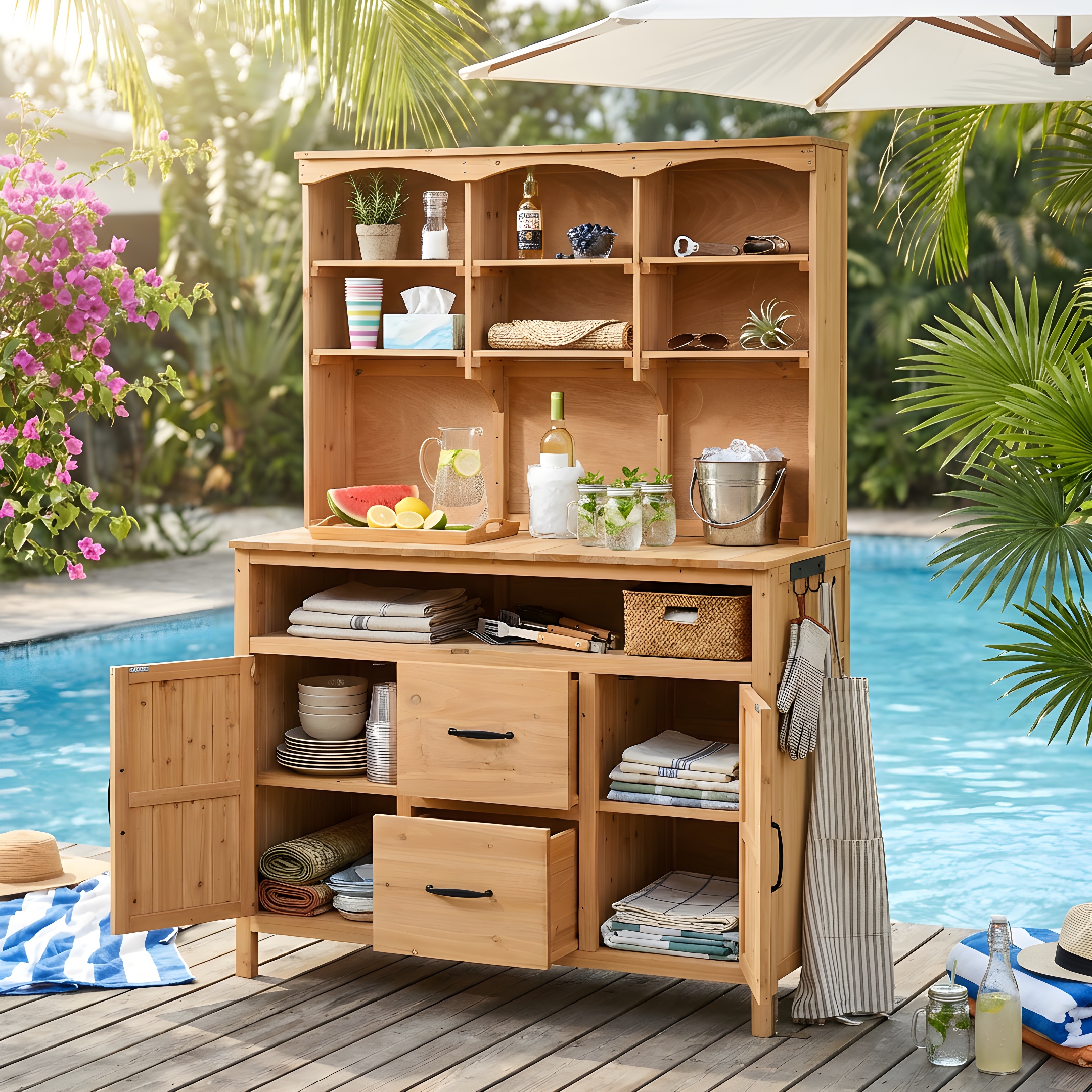 (With Assembly Video)TOPMAX Large Fir Wood Potting Bench,45.3''L Multi-Functional Outdoor Patio Kitchen Island with Hutch, Cabinets,Drawers & Hooks ,Large Countertop for Gardening, Grill, Natural Wood - Image 3