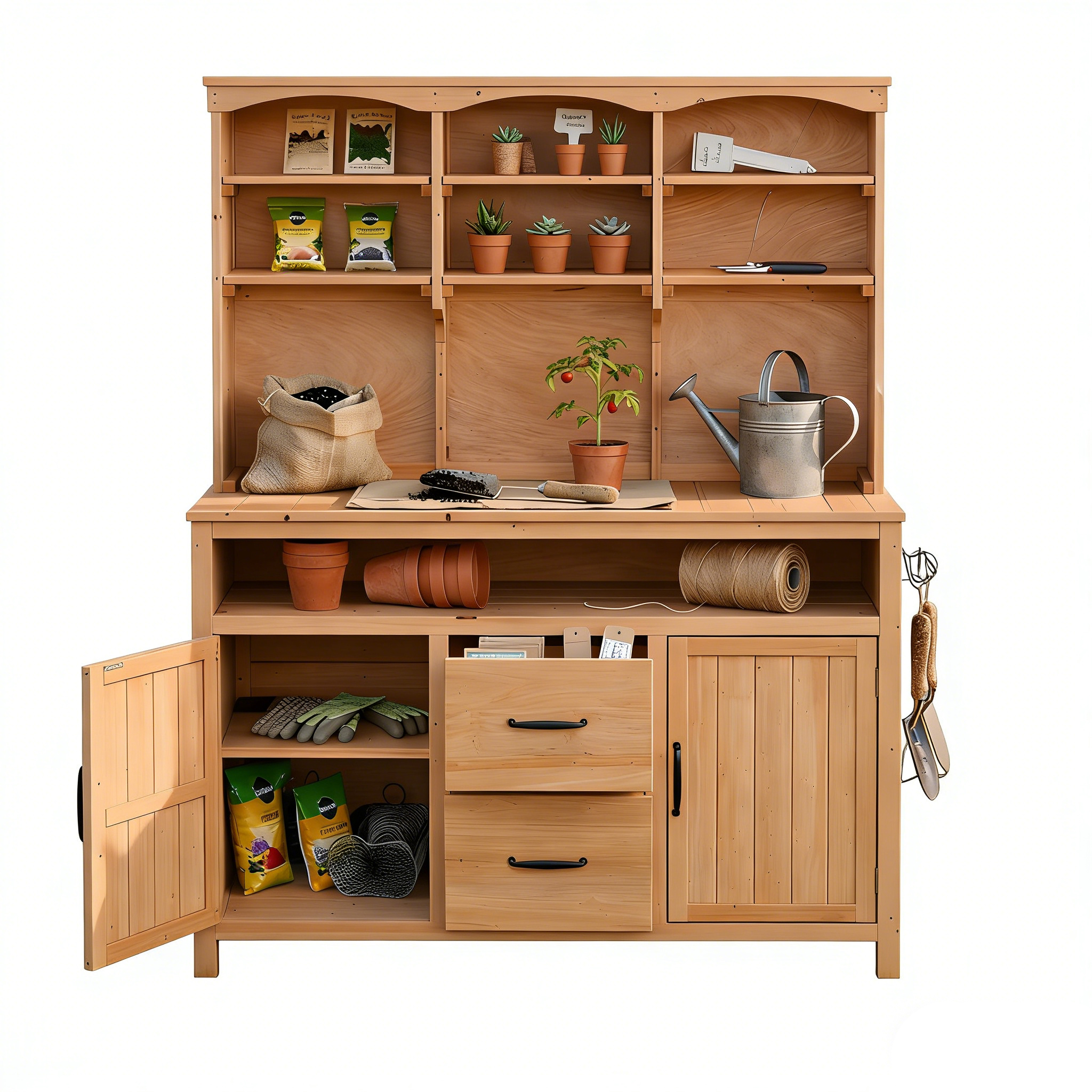 (With Assembly Video)TOPMAX Large Fir Wood Potting Bench,45.3''L Multi-Functional Outdoor Patio Kitchen Island with Hutch, Cabinets,Drawers & Hooks ,Large Countertop for Gardening, Grill, Natural Wood - Image 4