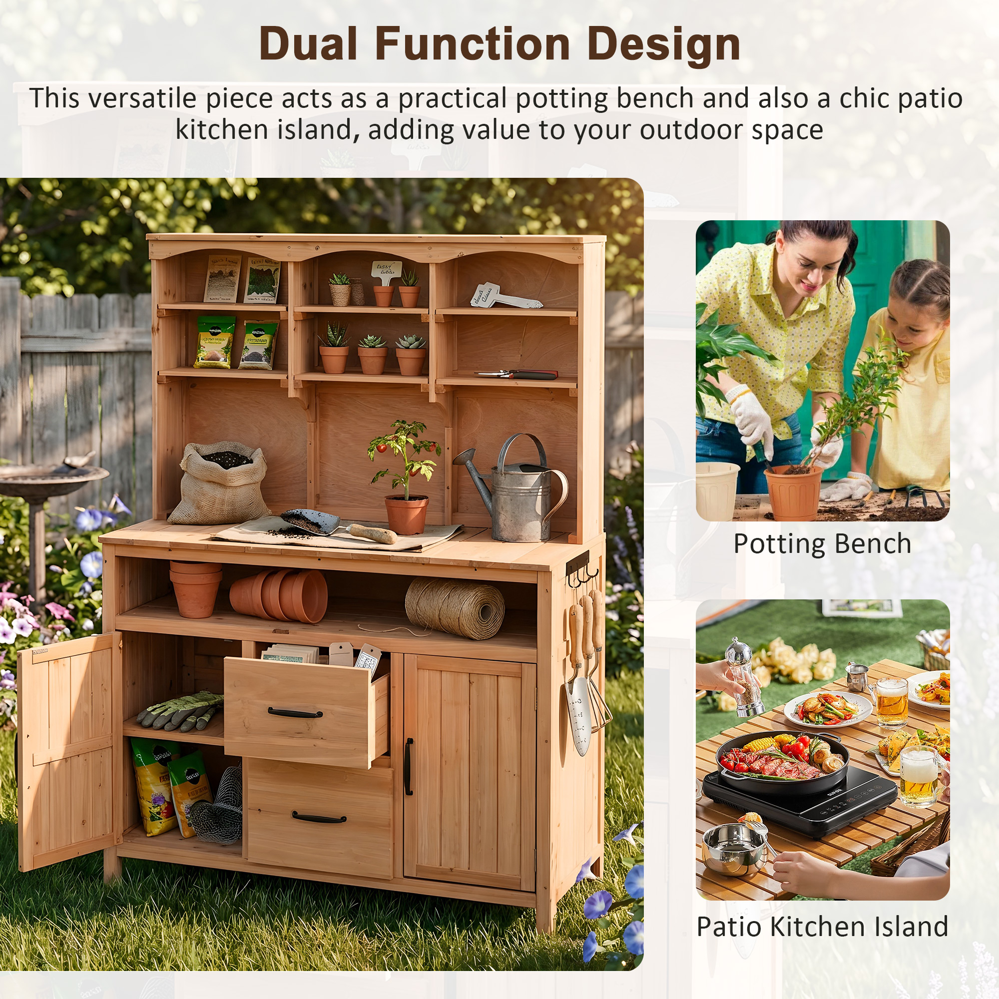 (With Assembly Video)TOPMAX Large Fir Wood Potting Bench,45.3''L Multi-Functional Outdoor Patio Kitchen Island with Hutch, Cabinets,Drawers & Hooks ,Large Countertop for Gardening, Grill, Natural Wood - Image 5