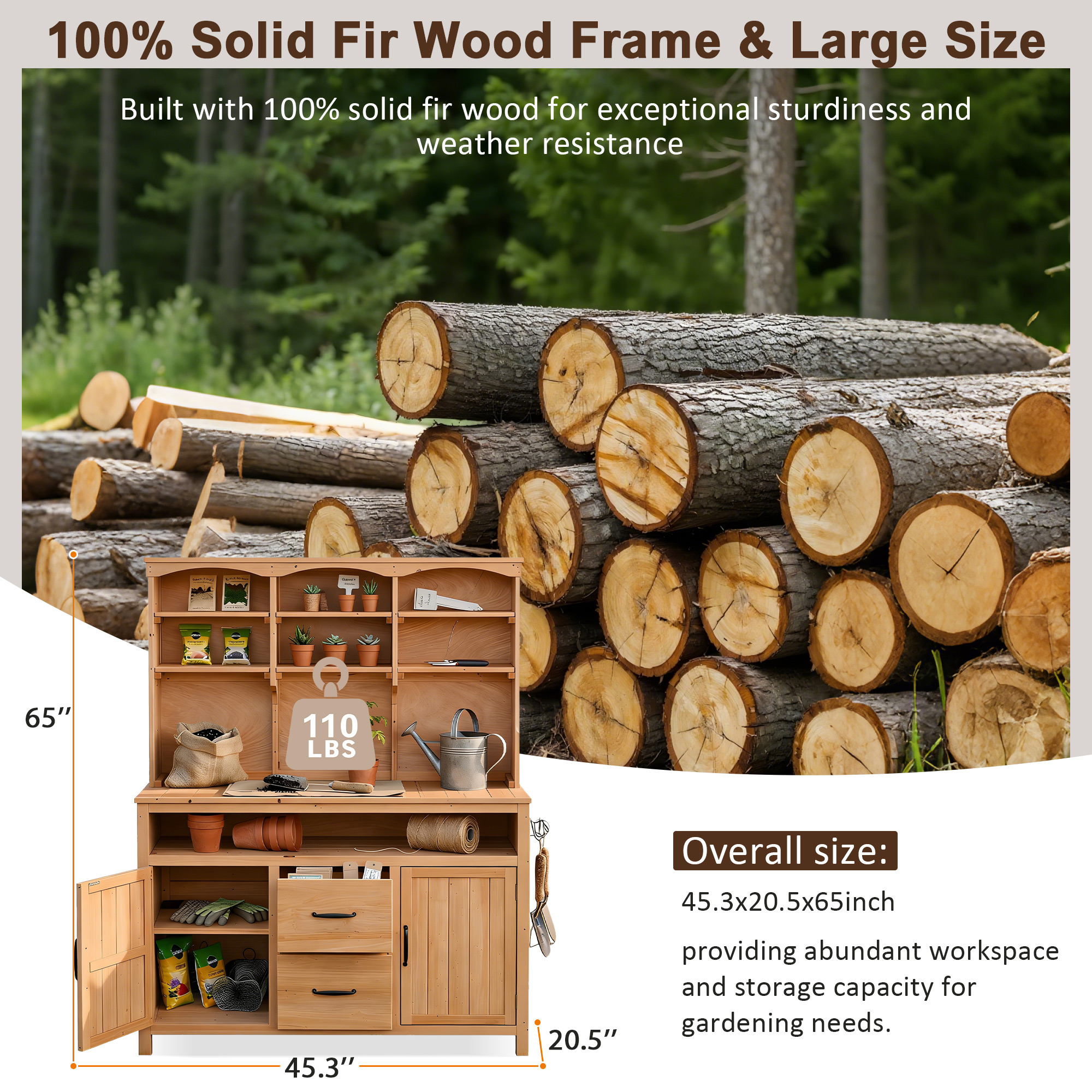 (With Assembly Video)TOPMAX Large Fir Wood Potting Bench,45.3''L Multi-Functional Outdoor Patio Kitchen Island with Hutch, Cabinets,Drawers & Hooks ,Large Countertop for Gardening, Grill, Natural Wood - Image 6