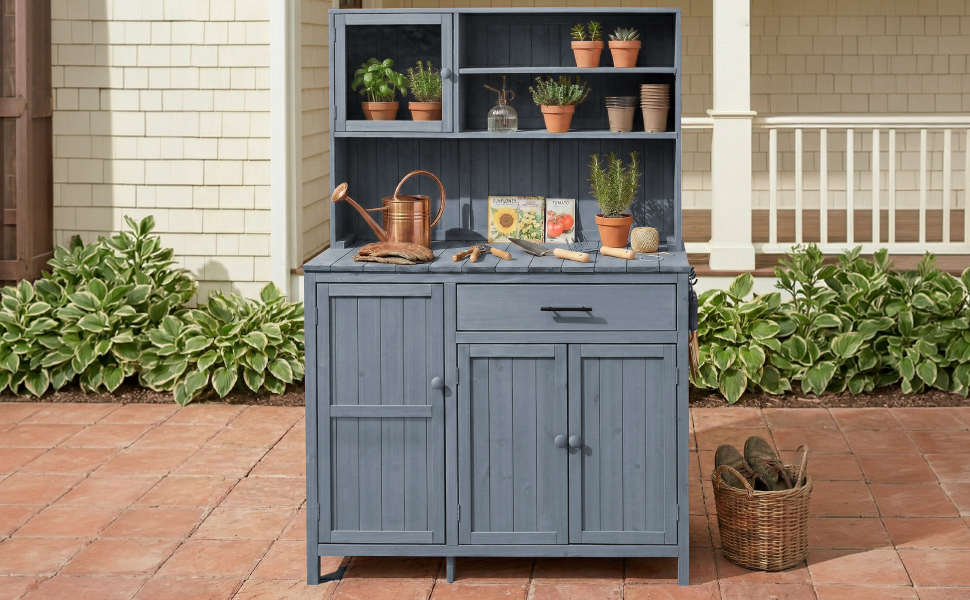 (With Assembly Video) TOPAMX Potting Bench with Hutch, 65" H Solid Fir Wood Garden Workstation, Large Countertop, Patio Kitchen Island with Adjustable Shelves, Spice Rack, Side Hook and Drawer, Gray - Image 2