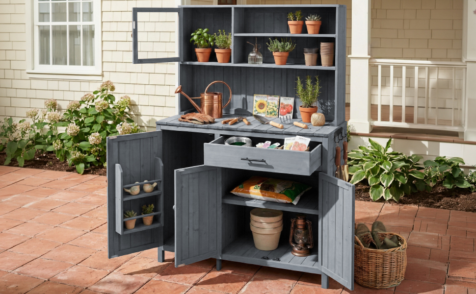 (With Assembly Video) TOPAMX Potting Bench with Hutch, 65" H Solid Fir Wood Garden Workstation, Large Countertop, Patio Kitchen Island with Adjustable Shelves, Spice Rack, Side Hook and Drawer, Gray - Image 3