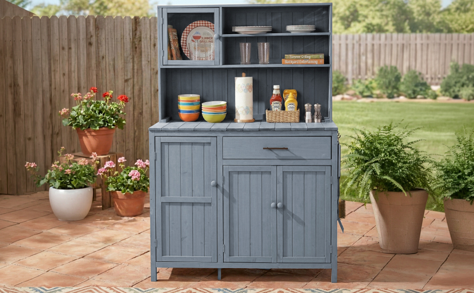 (With Assembly Video) TOPAMX Potting Bench with Hutch, 65" H Solid Fir Wood Garden Workstation, Large Countertop, Patio Kitchen Island with Adjustable Shelves, Spice Rack, Side Hook and Drawer, Gray - Image 4