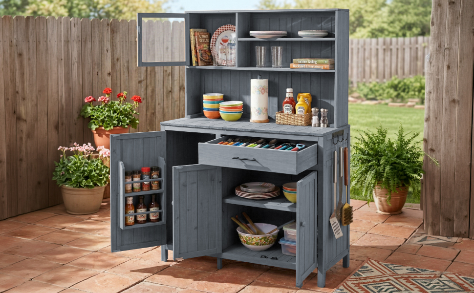 (With Assembly Video) TOPAMX Potting Bench with Hutch, 65" H Solid Fir Wood Garden Workstation, Large Countertop, Patio Kitchen Island with Adjustable Shelves, Spice Rack, Side Hook and Drawer, Gray - Image 5