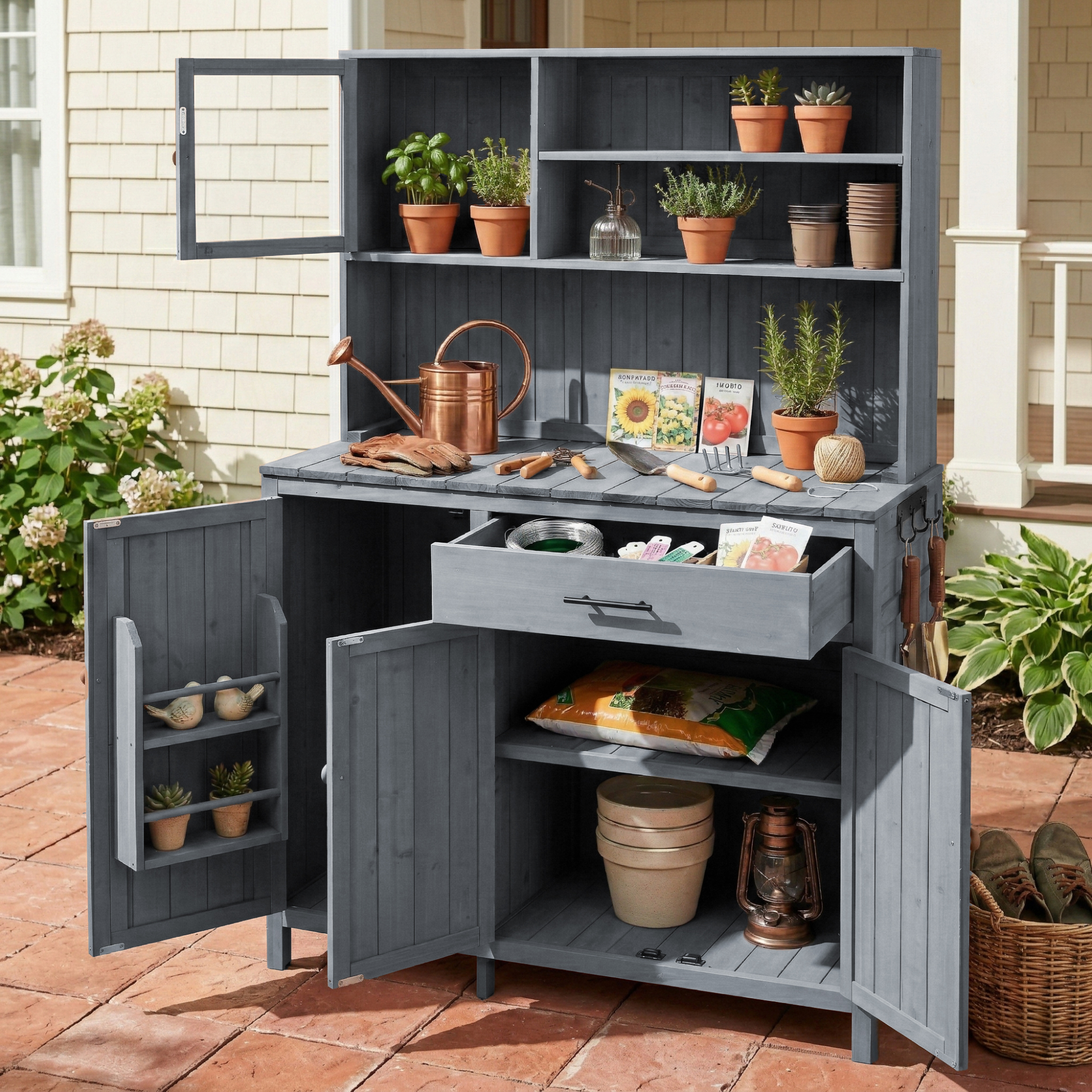 (With Assembly Video) TOPAMX Potting Bench with Hutch, 65" H Solid Fir Wood Garden Workstation, Large Countertop, Patio Kitchen Island with Adjustable Shelves, Spice Rack, Side Hook and Drawer, Gray - Image 6