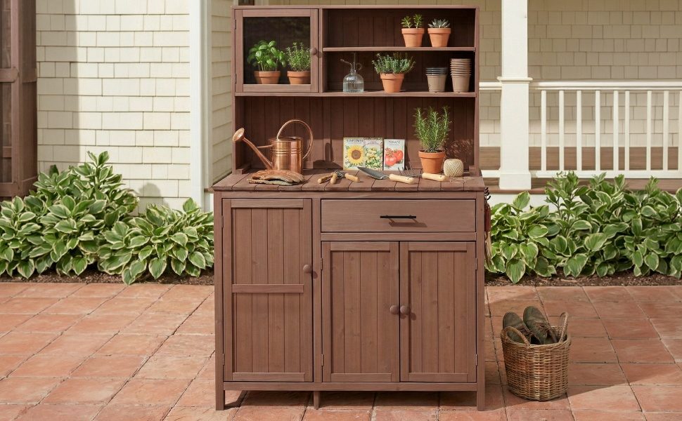 (With Assembly Video) TOPAMX Potting Bench with Hutch, 65" H Solid Fir Wood Garden Workstation, Large Countertop, Patio Kitchen Island with Adjustable Shelves, Spice Rack, Side Hook and Drawer, Brown - Image 2