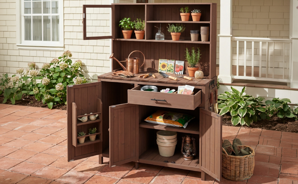 (With Assembly Video) TOPAMX Potting Bench with Hutch, 65" H Solid Fir Wood Garden Workstation, Large Countertop, Patio Kitchen Island with Adjustable Shelves, Spice Rack, Side Hook and Drawer, Brown - Image 3