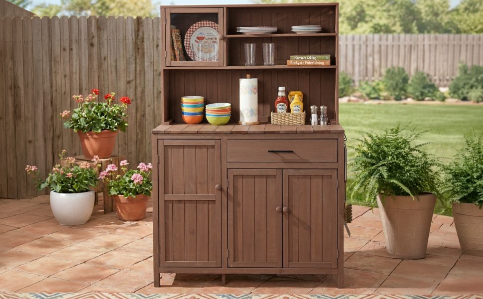 (With Assembly Video) TOPAMX Potting Bench with Hutch, 65" H Solid Fir Wood Garden Workstation, Large Countertop, Patio Kitchen Island with Adjustable Shelves, Spice Rack, Side Hook and Drawer, Brown - Image 4