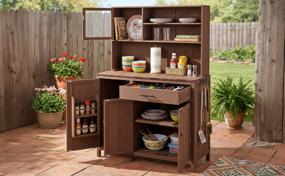 (With Assembly Video) TOPAMX Potting Bench with Hutch, 65" H Solid Fir Wood Garden Workstation, Large Countertop, Patio Kitchen Island with Adjustable Shelves, Spice Rack, Side Hook and Drawer, Brown - Image 5