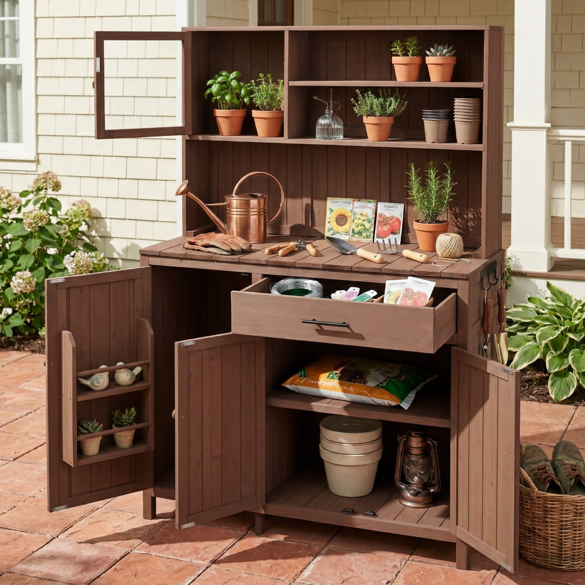(With Assembly Video) TOPAMX Potting Bench with Hutch, 65" H Solid Fir Wood Garden Workstation, Large Countertop, Patio Kitchen Island with Adjustable Shelves, Spice Rack, Side Hook and Drawer, Brown - Image 6