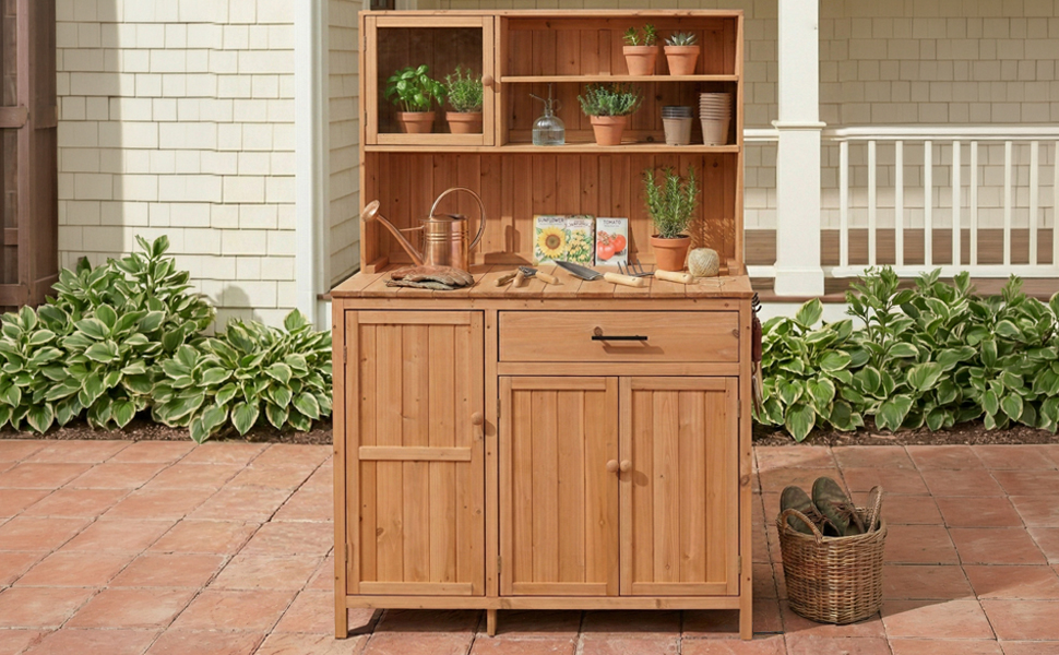 (With Assembly Video) TOPAMX Potting Bench with Hutch,65" H Solid Fir Wood Garden Workstation, Large Countertop, Patio Kitchen Island with Adjustable Shelves, Spice Rack, Side Hook and Drawer, Natural - Image 2