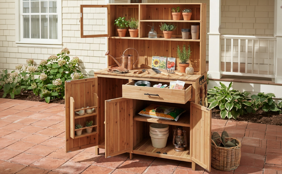 (With Assembly Video) TOPAMX Potting Bench with Hutch,65" H Solid Fir Wood Garden Workstation, Large Countertop, Patio Kitchen Island with Adjustable Shelves, Spice Rack, Side Hook and Drawer, Natural - Image 3