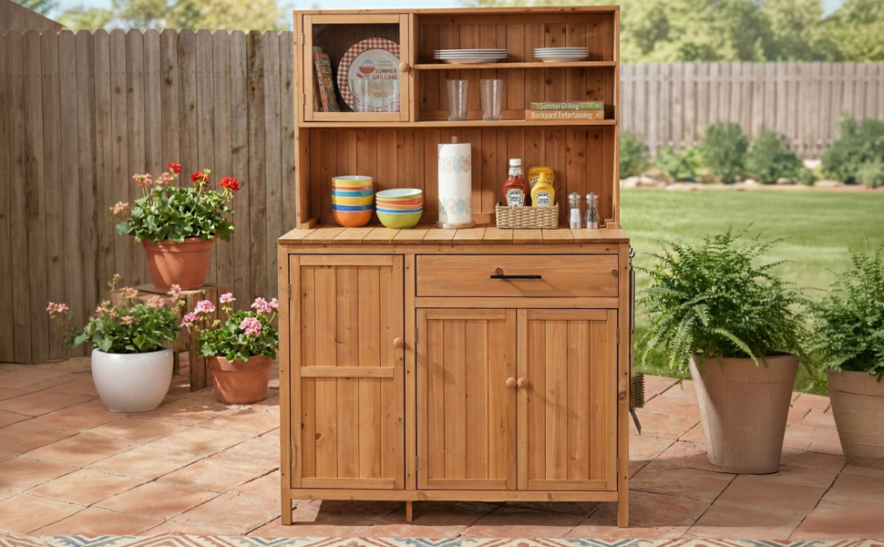 (With Assembly Video) TOPAMX Potting Bench with Hutch,65" H Solid Fir Wood Garden Workstation, Large Countertop, Patio Kitchen Island with Adjustable Shelves, Spice Rack, Side Hook and Drawer, Natural - Image 4