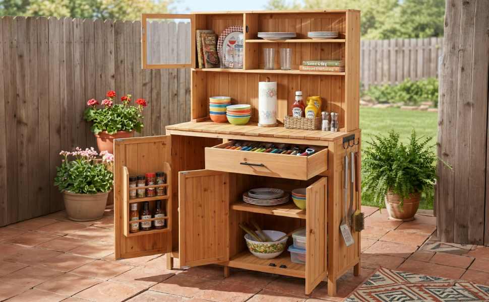 (With Assembly Video) TOPAMX Potting Bench with Hutch,65" H Solid Fir Wood Garden Workstation, Large Countertop, Patio Kitchen Island with Adjustable Shelves, Spice Rack, Side Hook and Drawer, Natural - Image 5