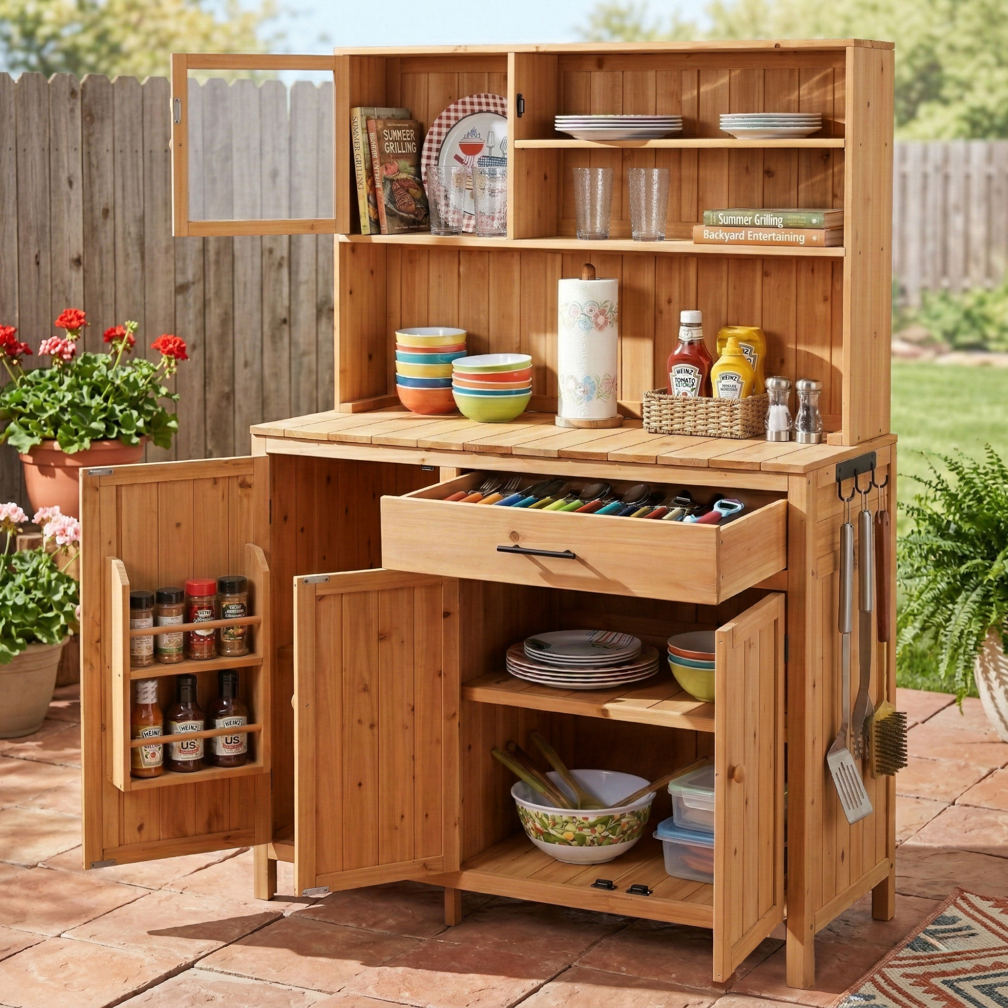 (With Assembly Video) TOPAMX Potting Bench with Hutch,65" H Solid Fir Wood Garden Workstation, Large Countertop, Patio Kitchen Island with Adjustable Shelves, Spice Rack, Side Hook and Drawer, Natural - Image 6