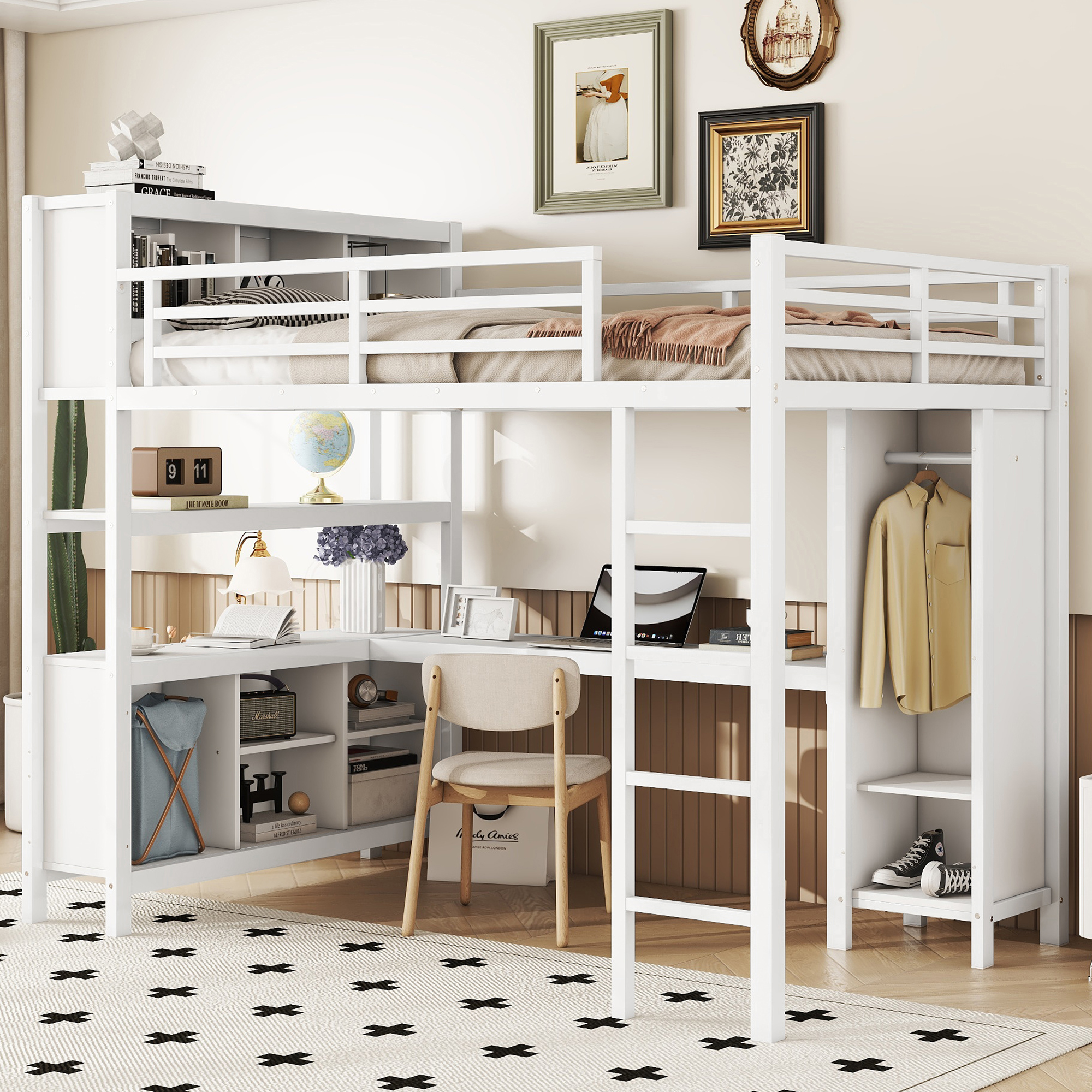 Metal Loft Bed with Wardrobe And L-shaped Desk, Full Size Loft Bed with Storage Cubes and Shelves, Heavy Duty Loft Bed for Kids Teens Adults, White - Image 1