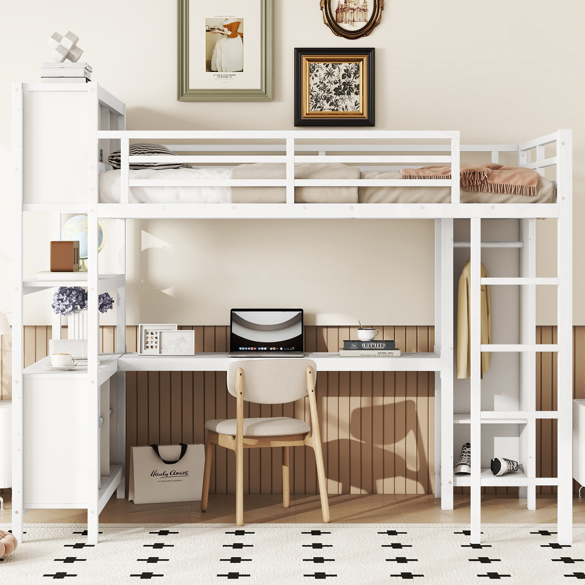 Metal Loft Bed with Wardrobe And L-shaped Desk, Full Size Loft Bed with Storage Cubes and Shelves, Heavy Duty Loft Bed for Kids Teens Adults, White - Image 2