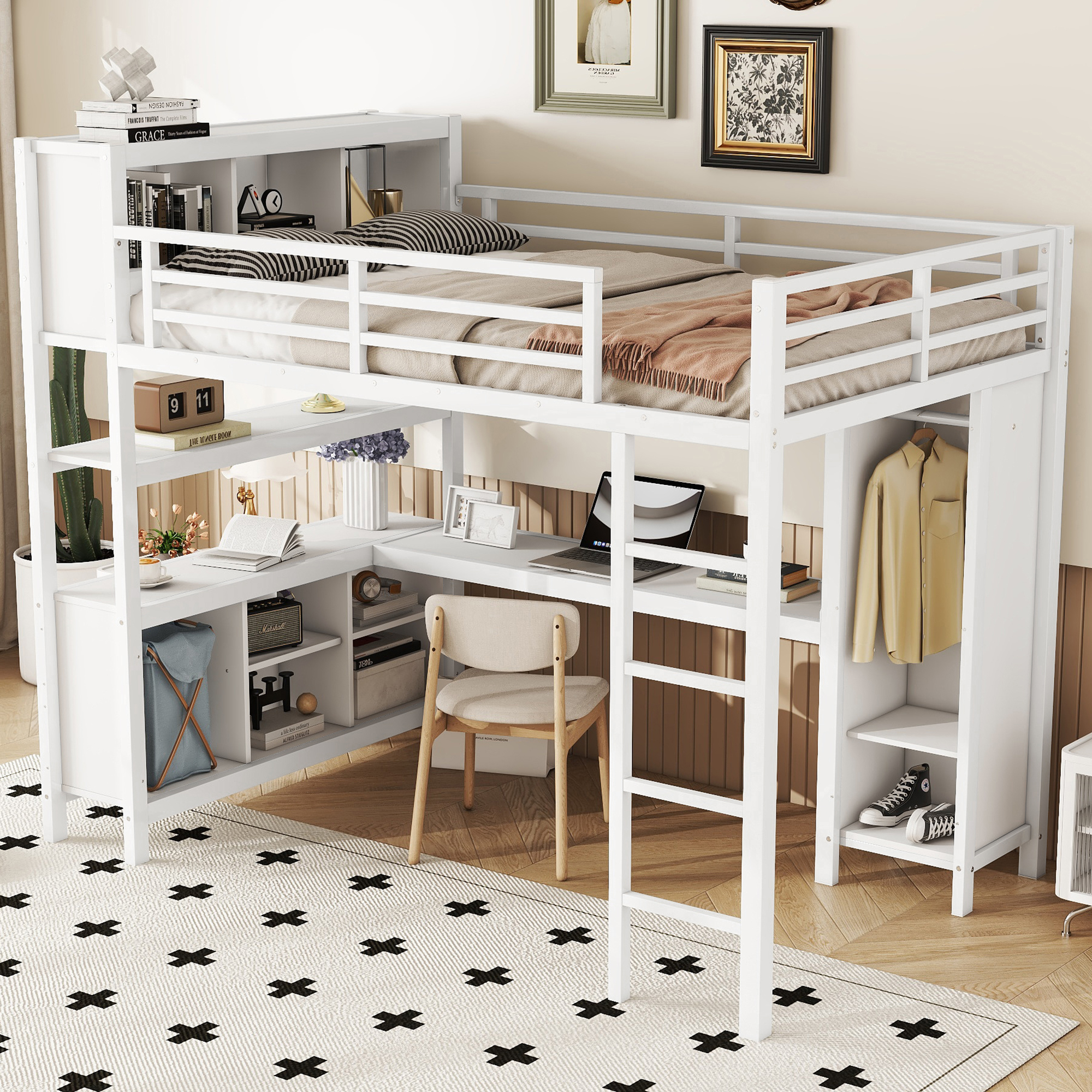 Metal Loft Bed with Wardrobe And L-shaped Desk, Full Size Loft Bed with Storage Cubes and Shelves, Heavy Duty Loft Bed for Kids Teens Adults, White - Image 3
