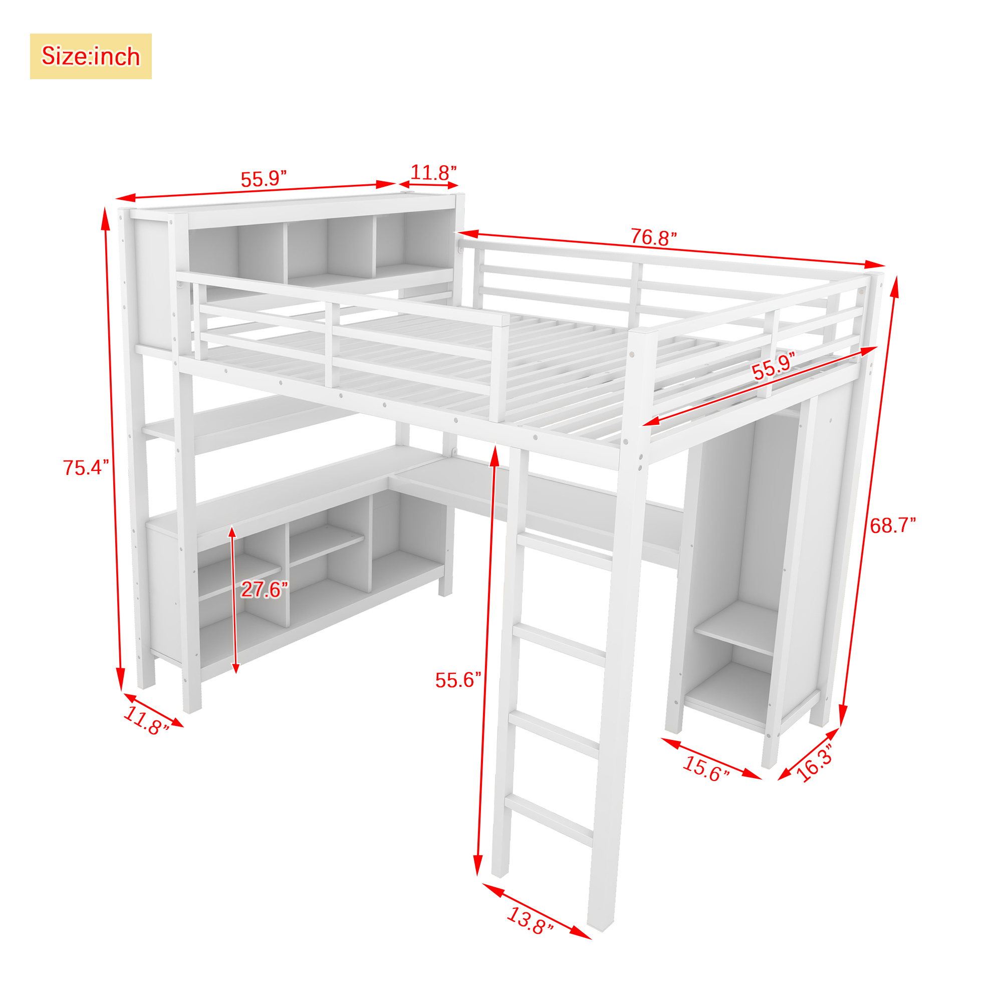 Metal Loft Bed with Wardrobe And L-shaped Desk, Full Size Loft Bed with Storage Cubes and Shelves, Heavy Duty Loft Bed for Kids Teens Adults, White - Image 4