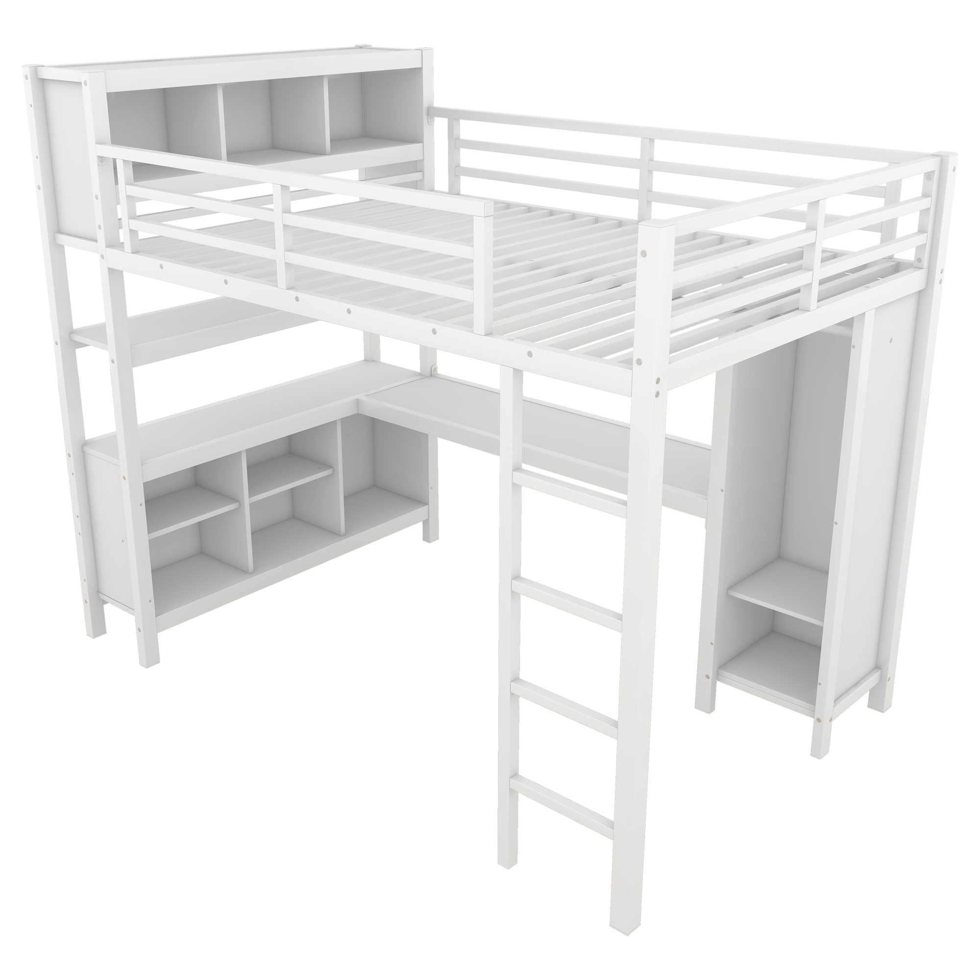 Metal Loft Bed with Wardrobe And L-shaped Desk, Full Size Loft Bed with Storage Cubes and Shelves, Heavy Duty Loft Bed for Kids Teens Adults, White - Image 5