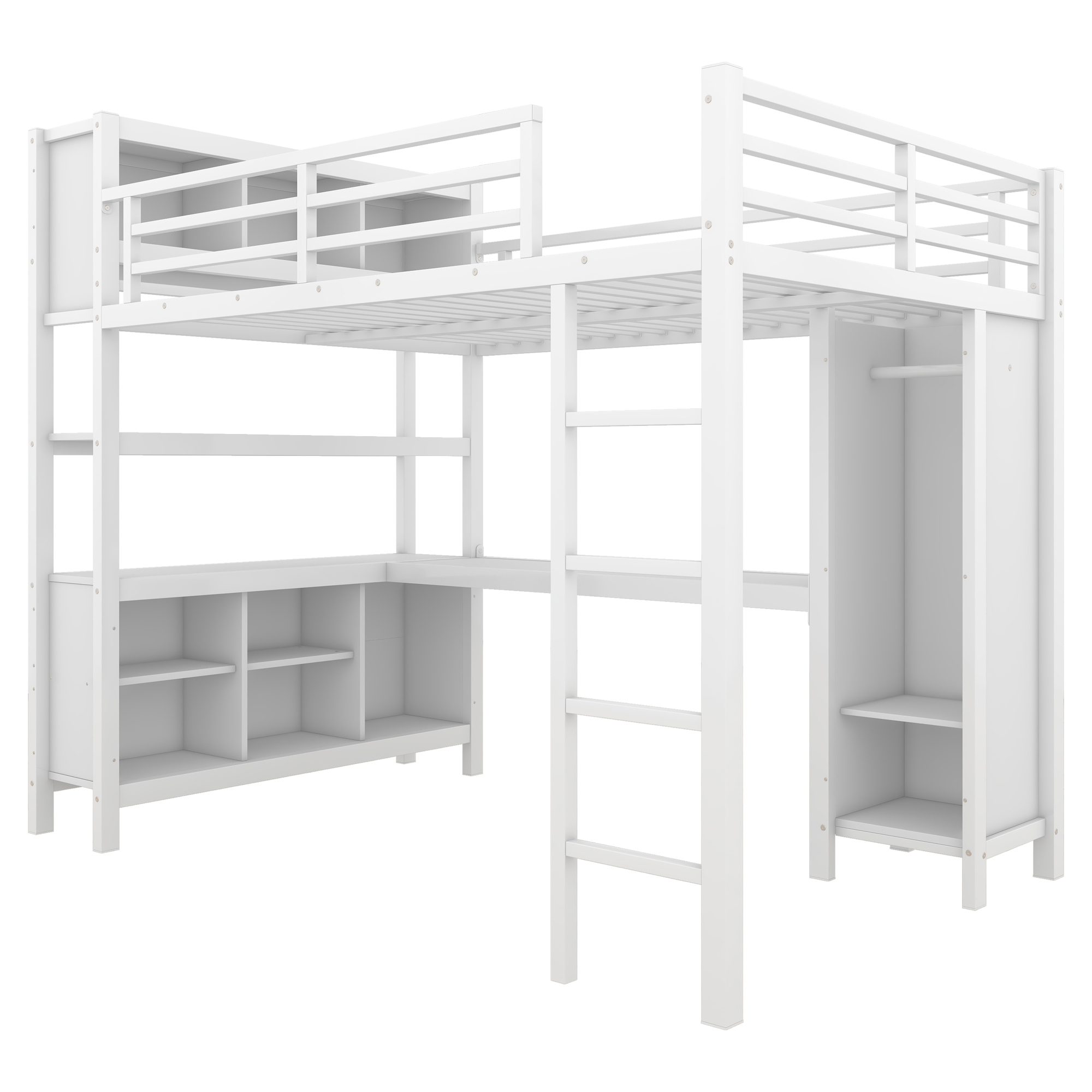 Metal Loft Bed with Wardrobe And L-shaped Desk, Full Size Loft Bed with Storage Cubes and Shelves, Heavy Duty Loft Bed for Kids Teens Adults, White - Image 6