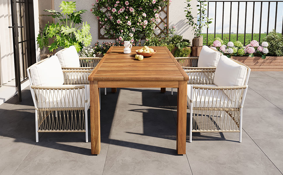TOPMAX Patio 5pcs Wooden Dining Table Set, Outdoor 67''L Rectangular Table with 4 Rattan Arm Chairs for Poolside, Backyard, Garden, Natural - Image 2