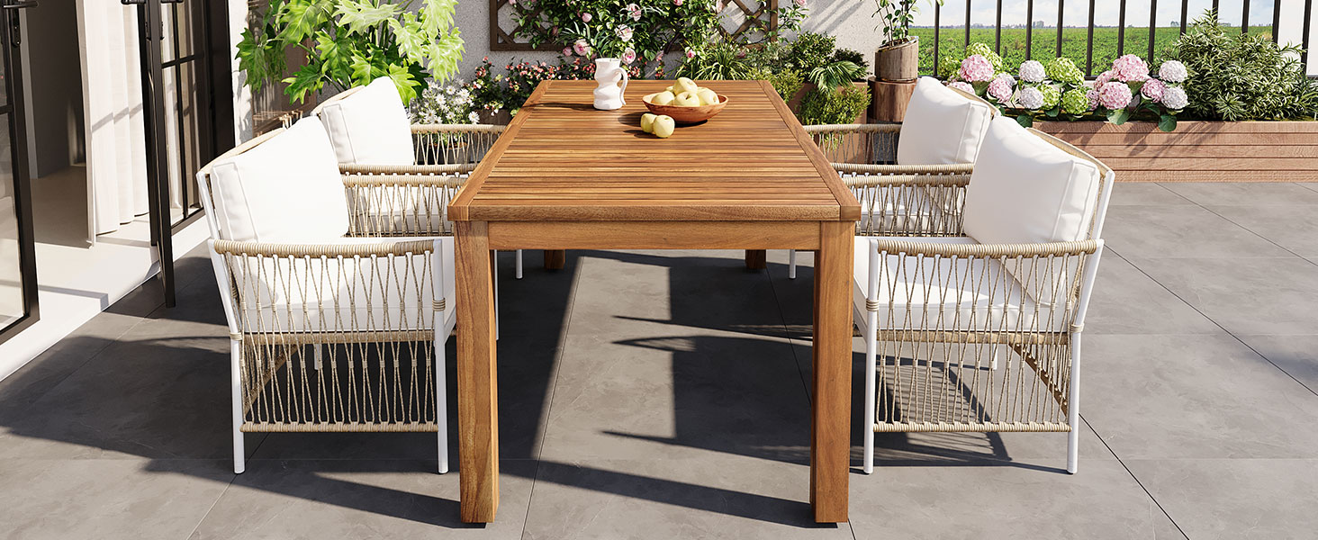 TOPMAX Patio 5pcs Wooden Dining Table Set, Outdoor 67''L Rectangular Table with 4 Rattan Arm Chairs for Poolside, Backyard, Garden, Natural - Image 3