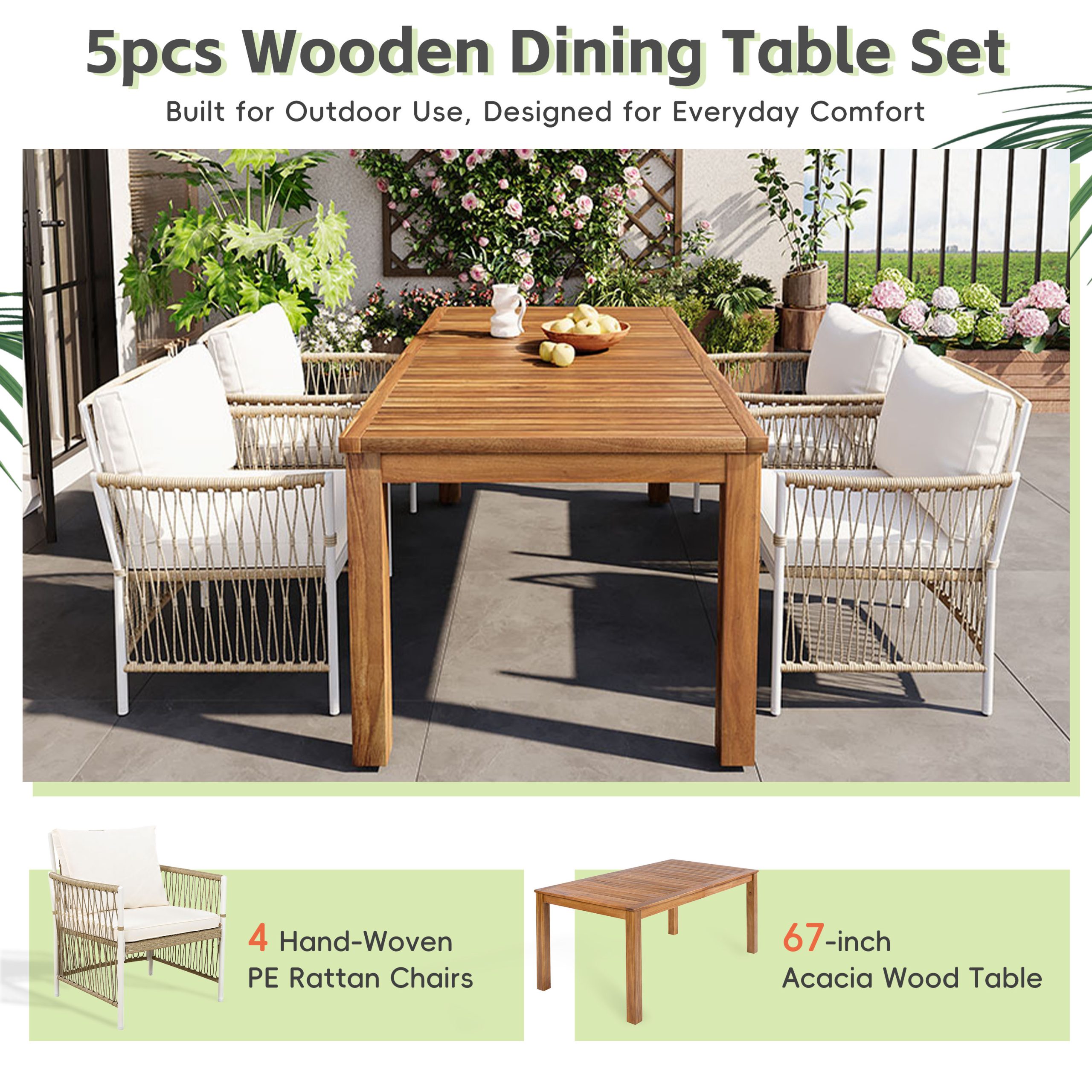 TOPMAX Patio 5pcs Wooden Dining Table Set, Outdoor 67''L Rectangular Table with 4 Rattan Arm Chairs for Poolside, Backyard, Garden, Natural - Image 4