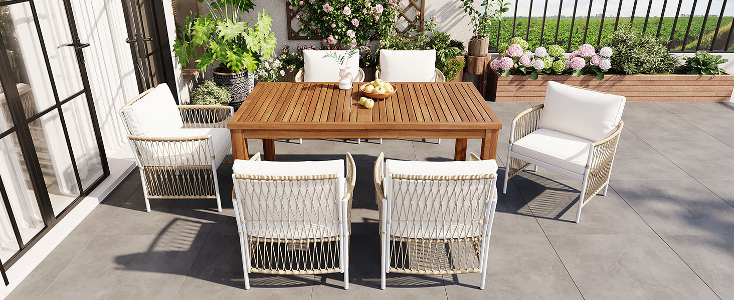 TOPMAX Patio 7pcs Wooden Dining Table Set, Outdoor 67''L Rectangular Table with 6 Rattan Arm Chairs for Poolside, Backyard, Garden, Natural - Image 2