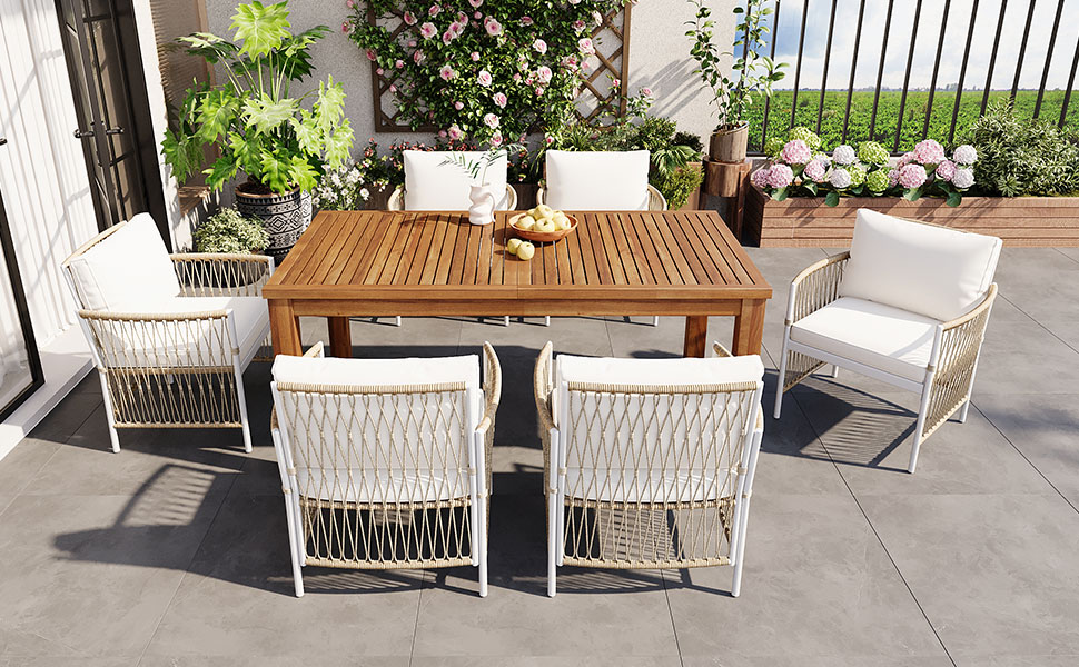 TOPMAX Patio 7pcs Wooden Dining Table Set, Outdoor 67''L Rectangular Table with 6 Rattan Arm Chairs for Poolside, Backyard, Garden, Natural - Image 3