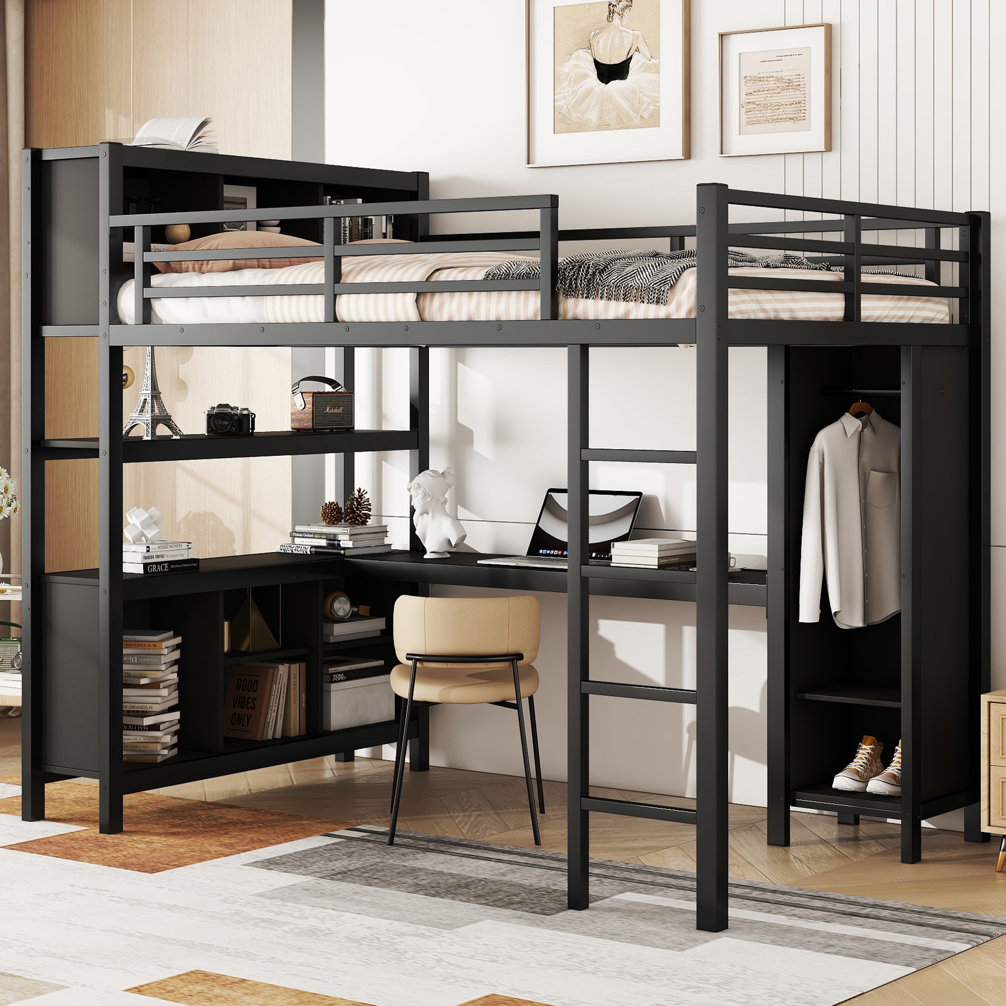 Metal Loft Bed with Wardrobe And L-shaped Desk, Full Size Loft Bed with Storage Cubes and Shelves, Heavy Duty Loft Bed for Kids Teens Adults, Black - Image 1