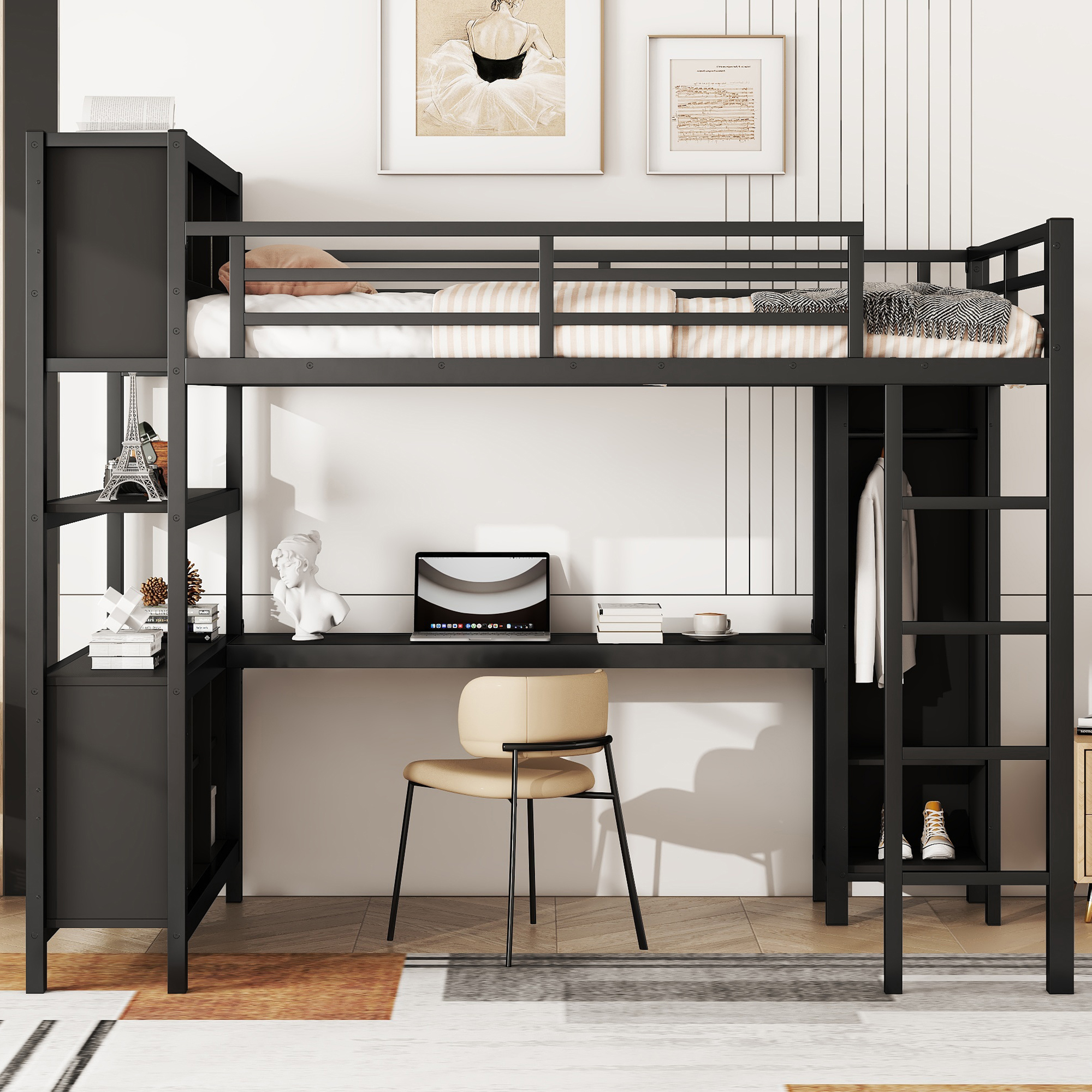 Metal Loft Bed with Wardrobe And L-shaped Desk, Full Size Loft Bed with Storage Cubes and Shelves, Heavy Duty Loft Bed for Kids Teens Adults, Black - Image 2