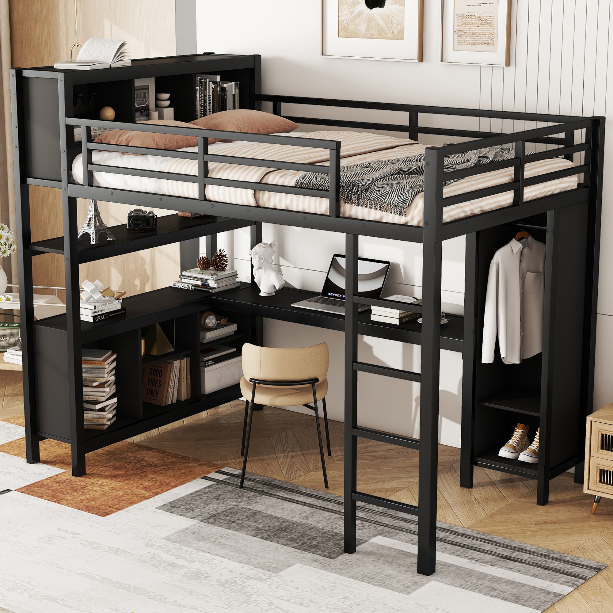 Metal Loft Bed with Wardrobe And L-shaped Desk, Full Size Loft Bed with Storage Cubes and Shelves, Heavy Duty Loft Bed for Kids Teens Adults, Black - Image 3