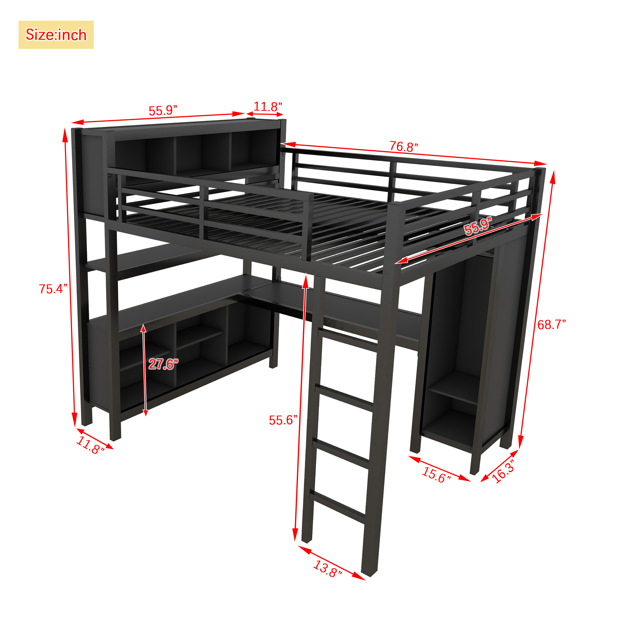 Metal Loft Bed with Wardrobe And L-shaped Desk, Full Size Loft Bed with Storage Cubes and Shelves, Heavy Duty Loft Bed for Kids Teens Adults, Black - Image 4